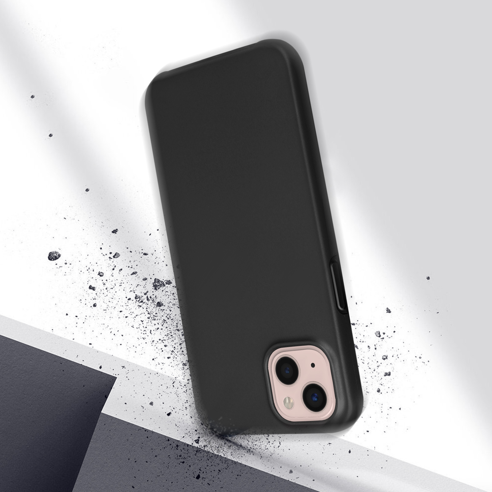 Custodia per telefono nera. Mostrata su sfondo grigio con detriti.