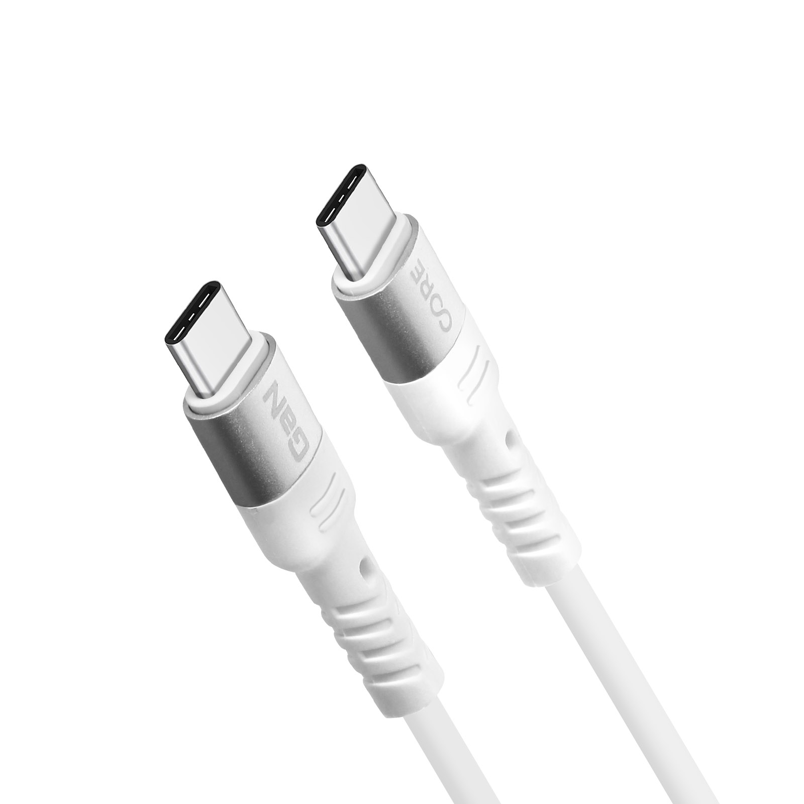 Due cavi USB-C bianchi. I cavi hanno accenti argentati e sono angolati verso l'osservatore, sfondo bianco.