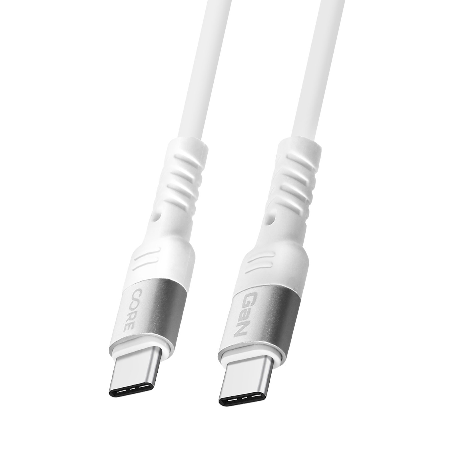 Due cavi USB-C bianchi. I cavi hanno accenti argentati e sono angolati verso l'osservatore, sfondo bianco.
