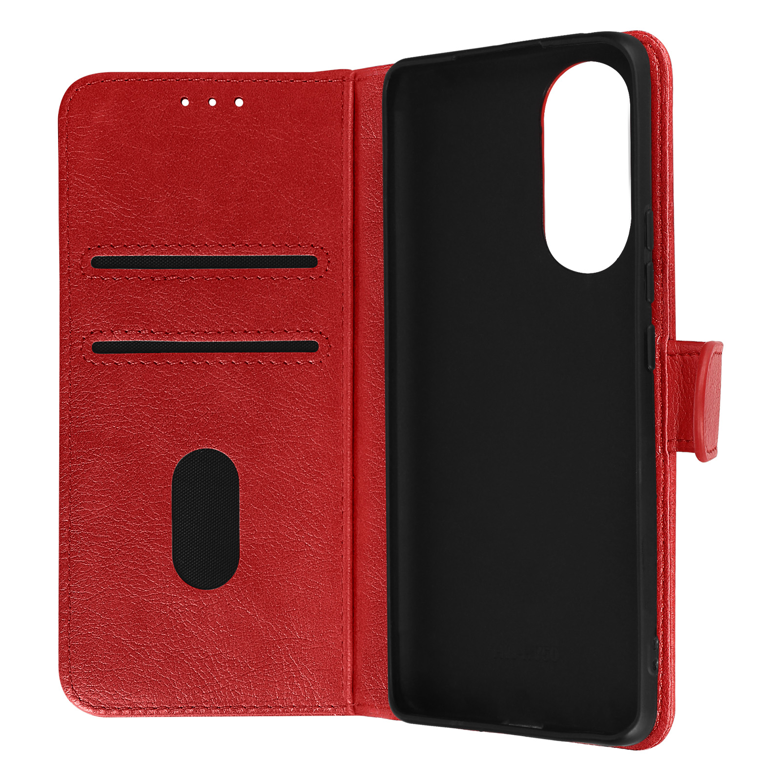 Custodia per telefono rossa, aperta, con interno nero e fessure per carte.
