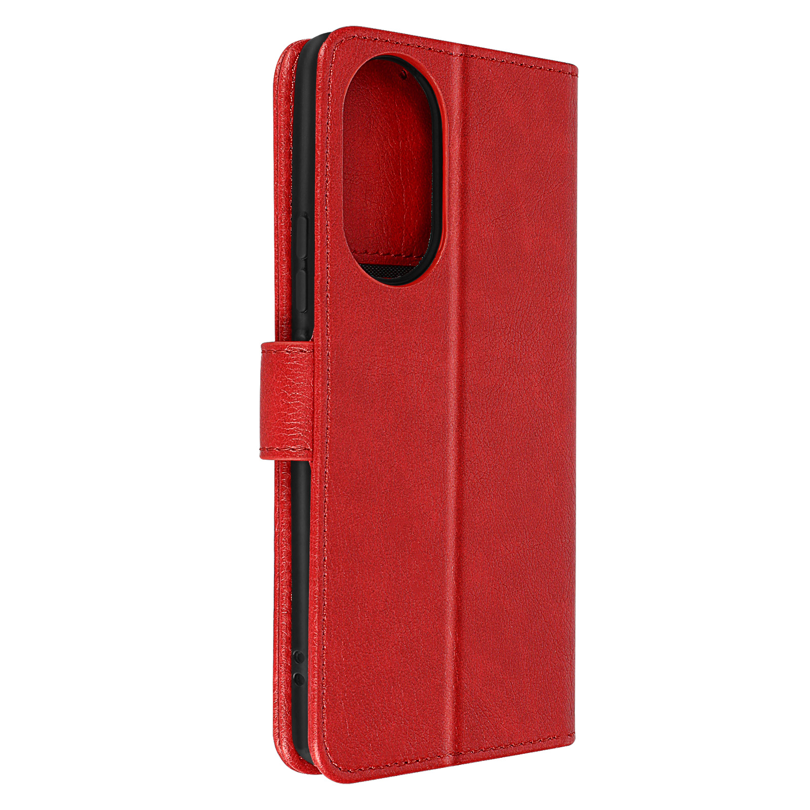 Una custodia per telefono in pelle rossa con un design a portafoglio, aperta per rivelare l'interno.
