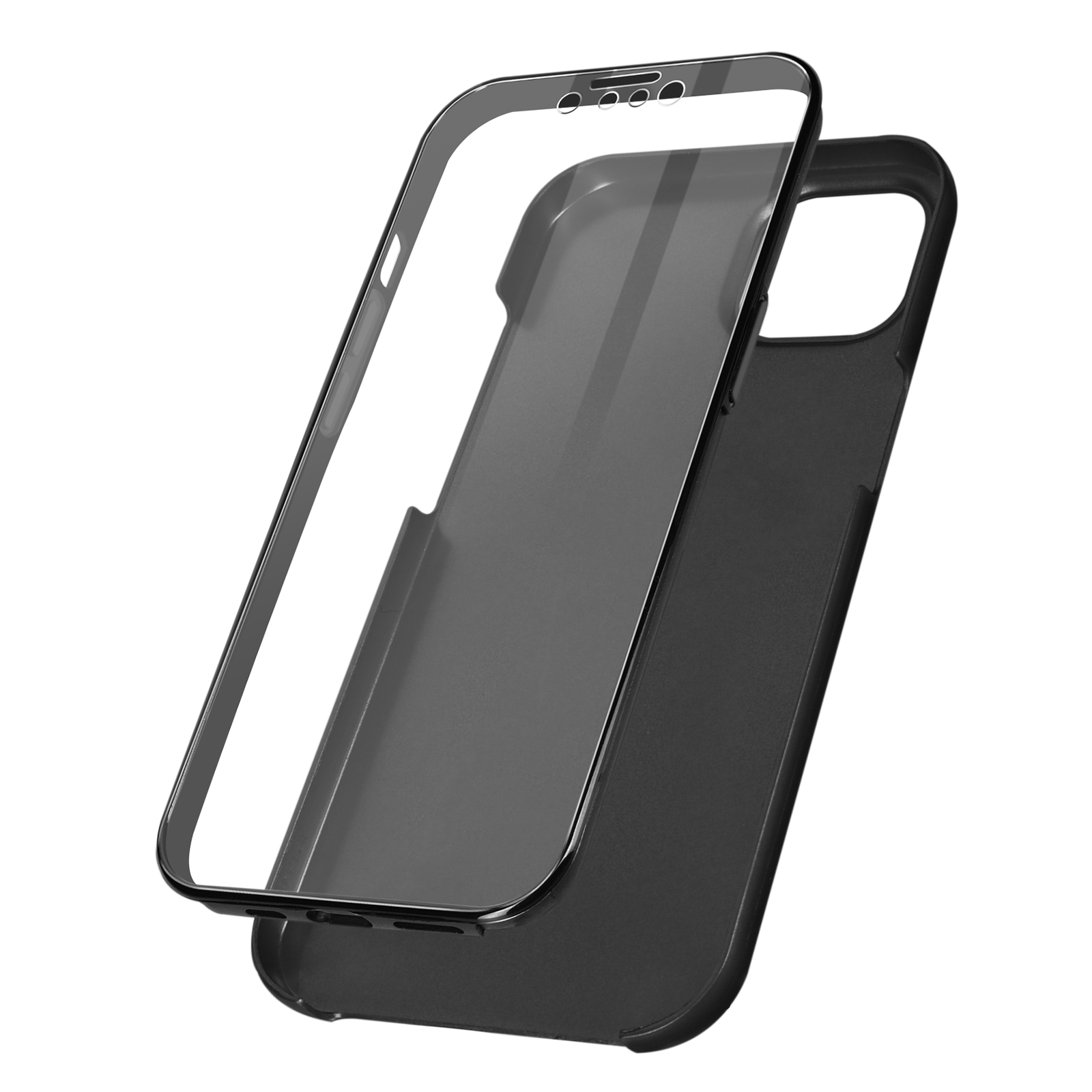 Custodia per telefono, trasparente, bordo nero, telefono parzialmente inserito, grigio.