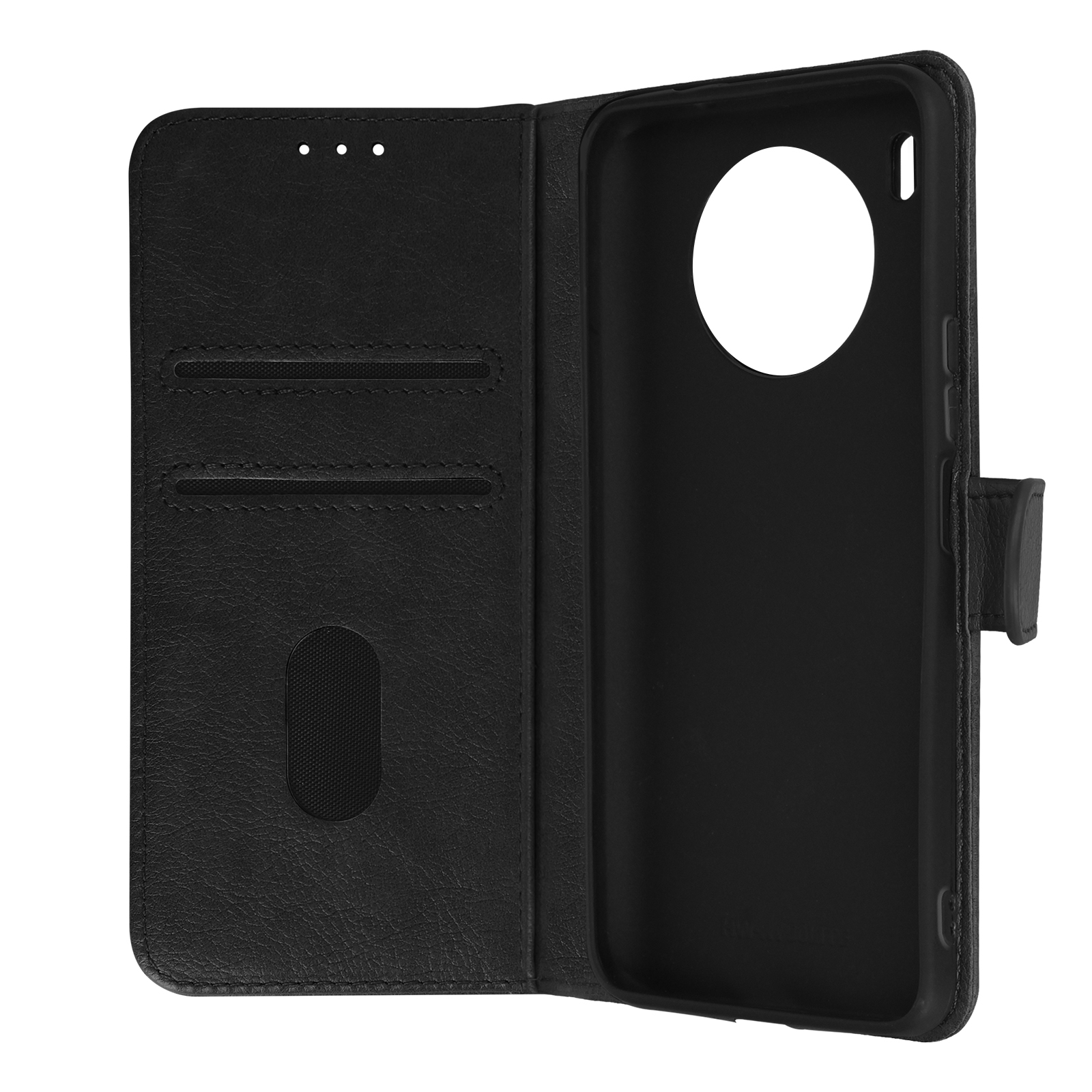 Zwarte telefoonhoes, open, toont kaartsleuven en telefoonhouder. Sluit met een flap.