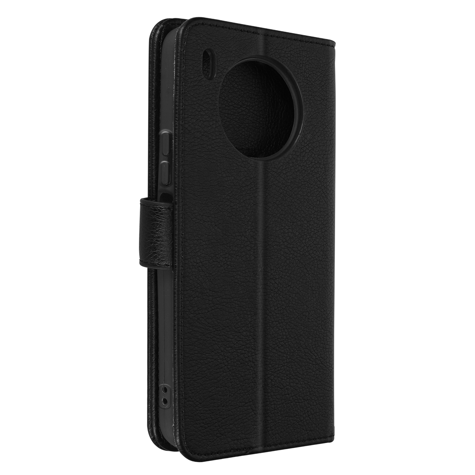 Zwarte leren telefoonhoes, gesloten, met een ronde camera-uitsparing en een magnetische sluiting.