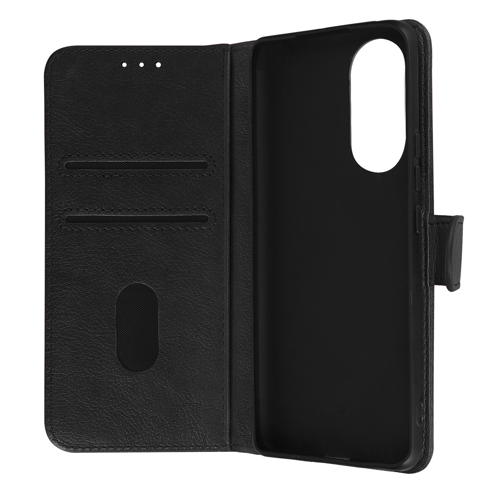 Un étui de téléphone en cuir noir, ouvert, révélant un support noir et des fentes pour cartes.