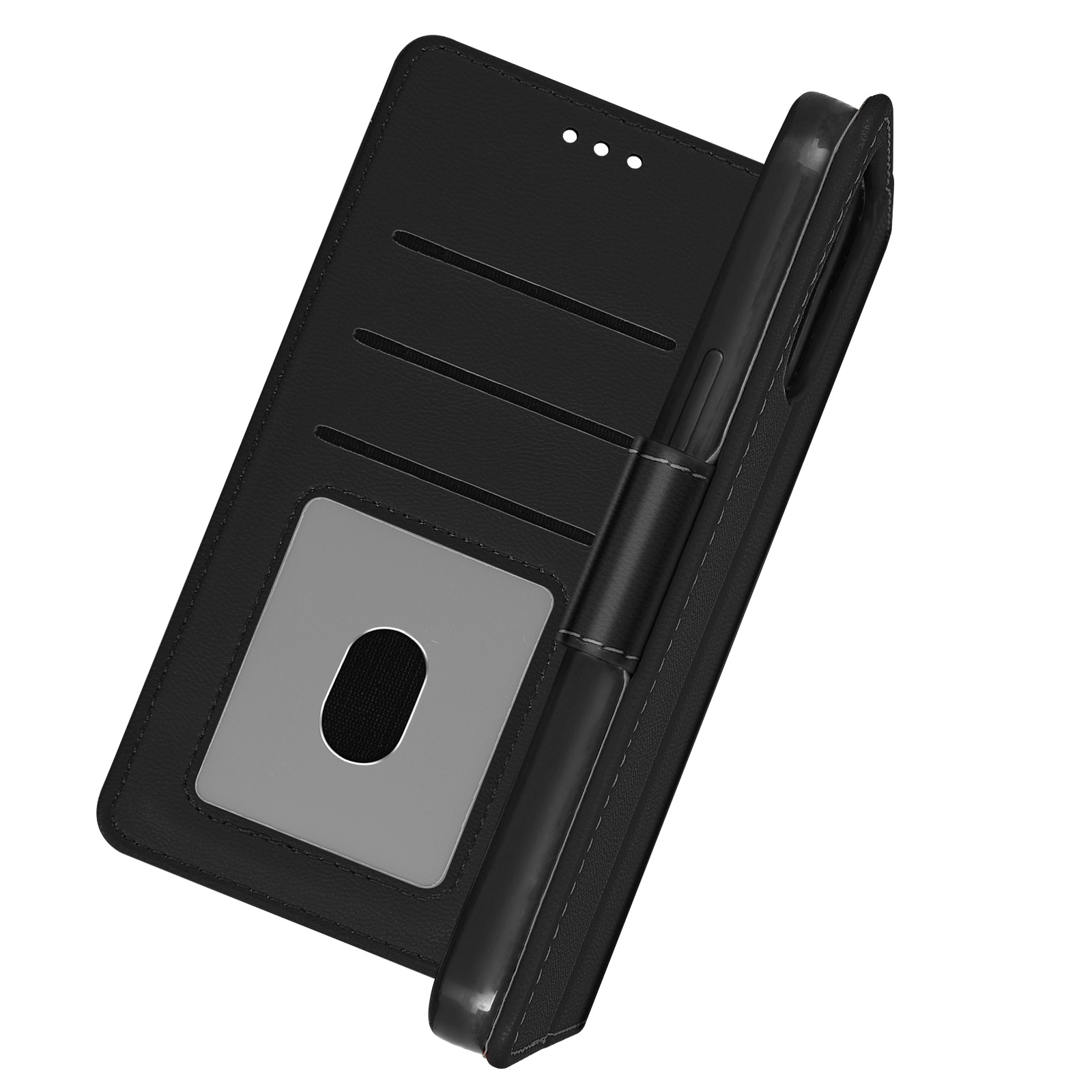 Coque de téléphone noire, ouverte pour révéler le support de téléphone et la fente pour carte.