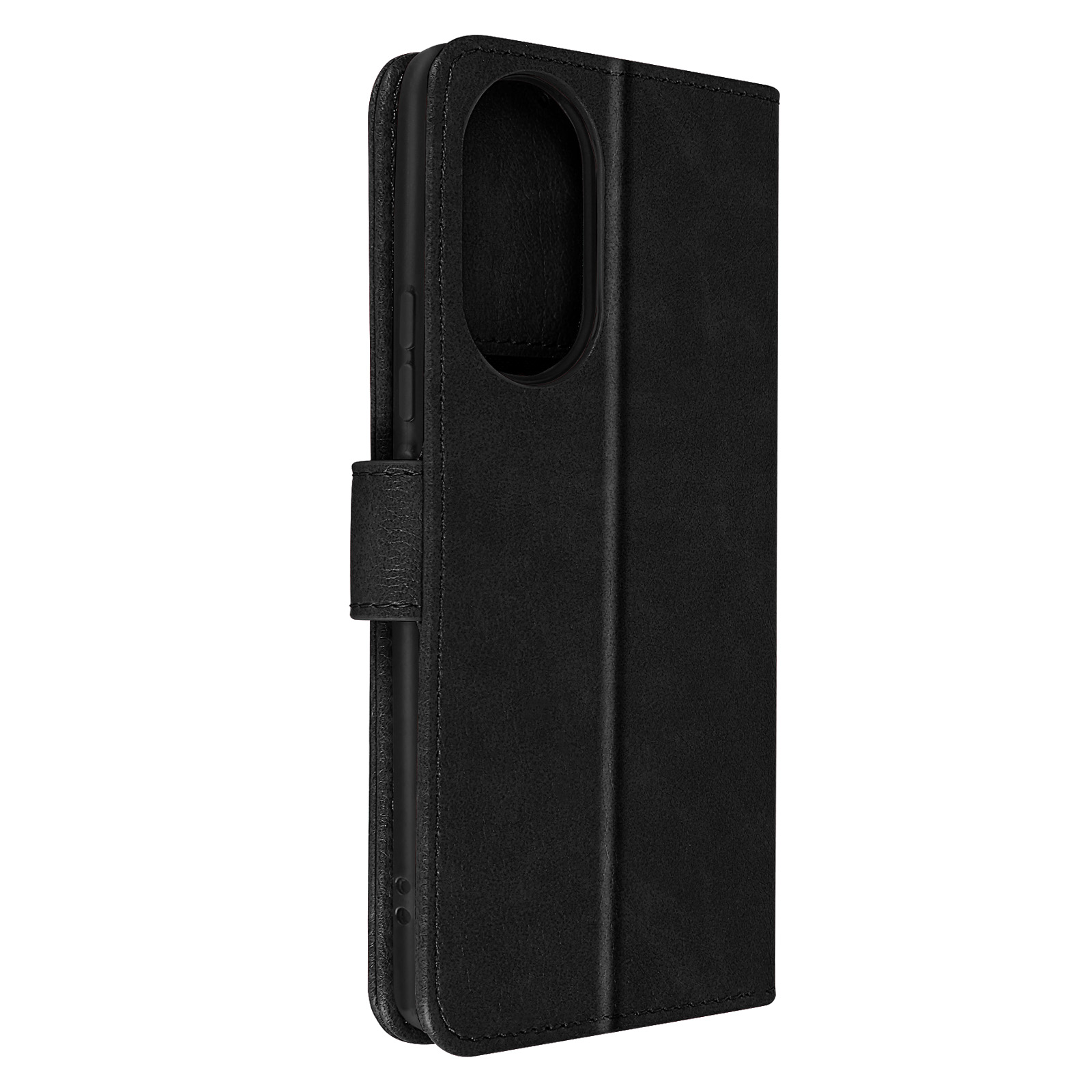 Coque en cuir noir fermée. Montrant l'arrière et le côté de l'étui.
