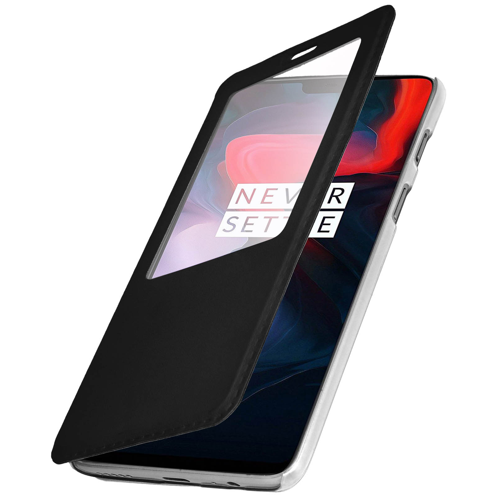 Custodia nera con cover aperta. Schermo visibile con testo bianco.