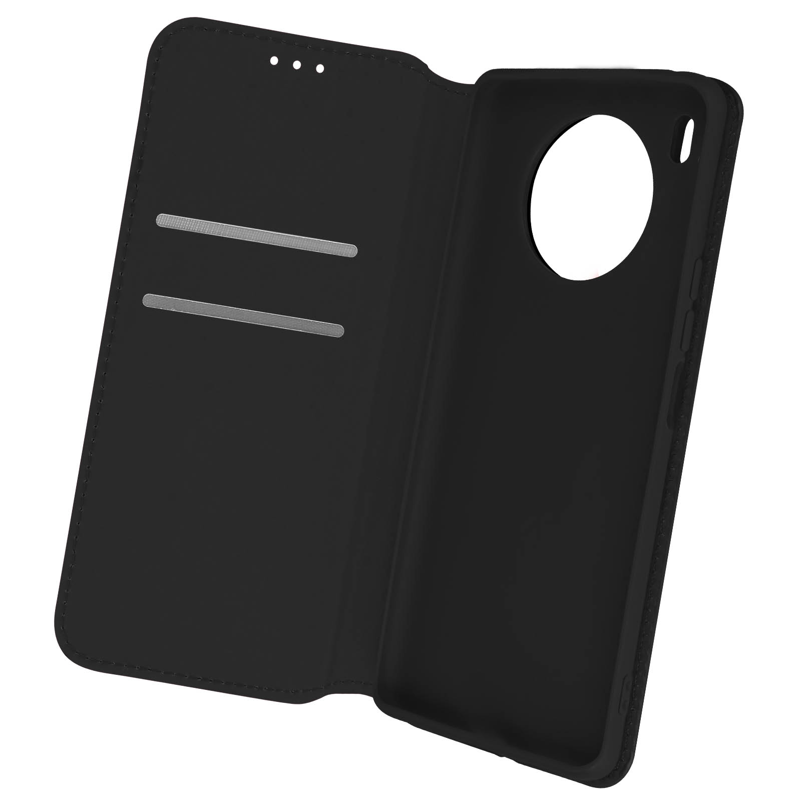 Étui noir ouvert avec un téléphone à l'intérieur. Deux fentes pour cartes visibles.