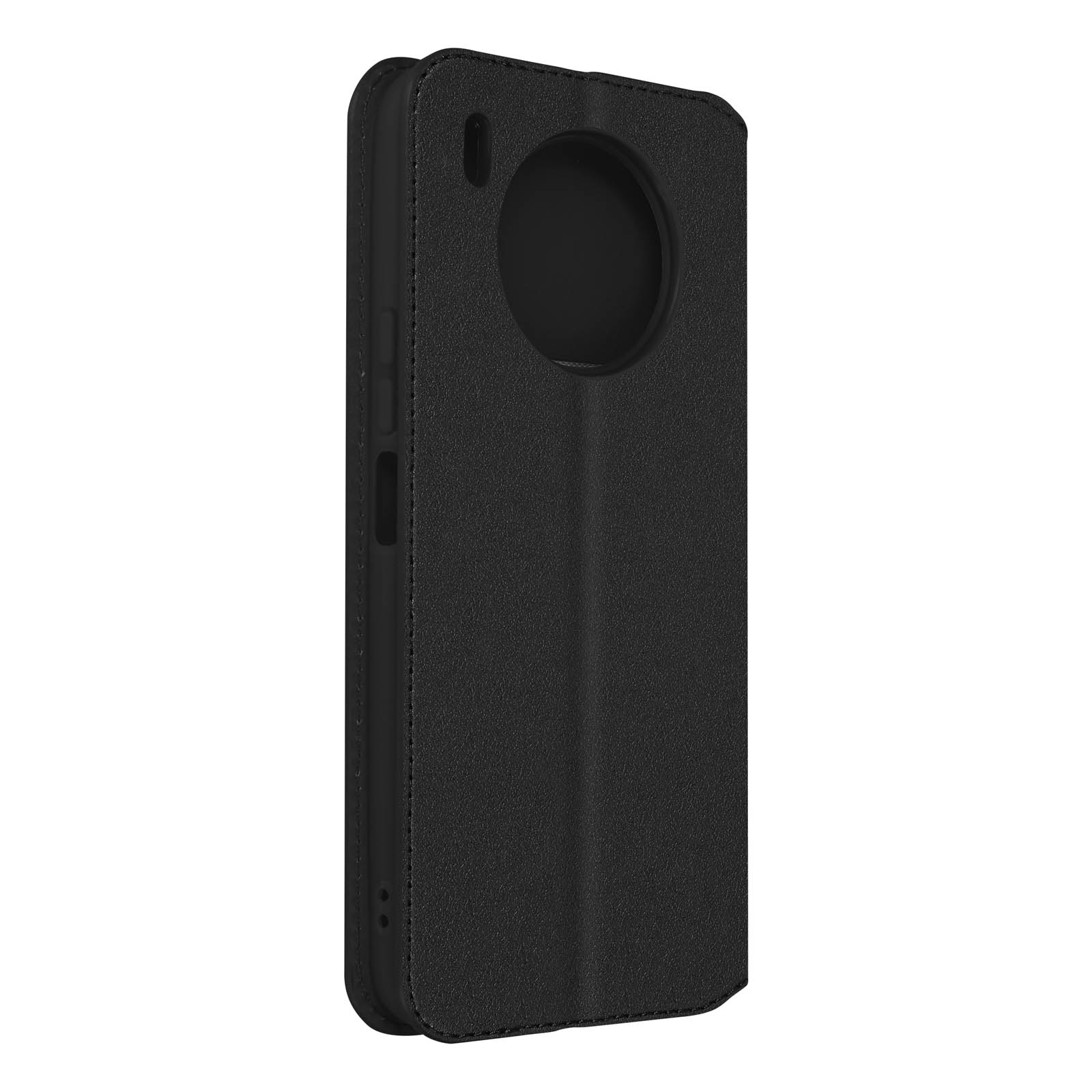 Étui de téléphone noir avec une découpe de caméra ronde. L'étui est fermé, montrant une surface texturée.