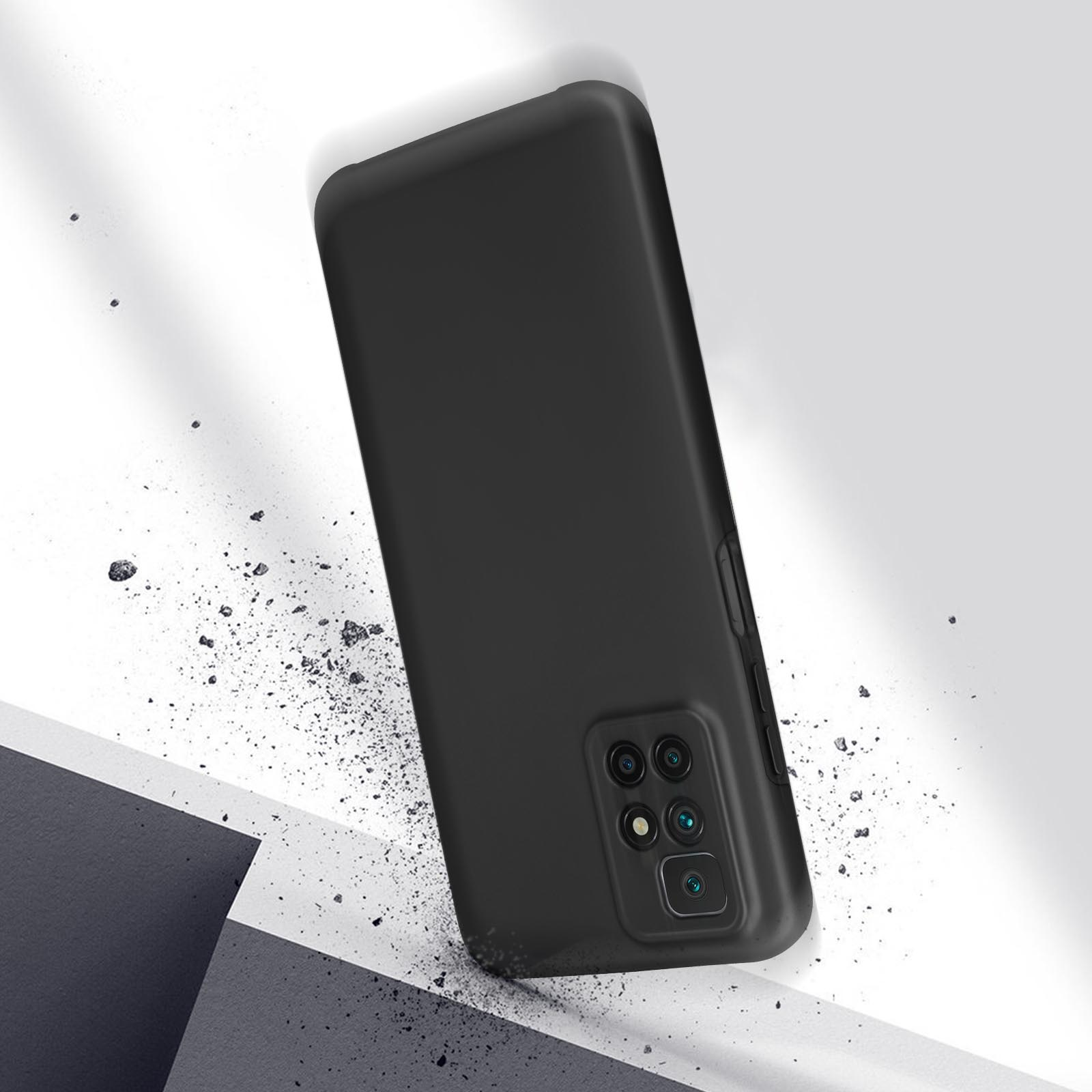 Custodia nera per telefono. La custodia è a terra con piccole rocce intorno.