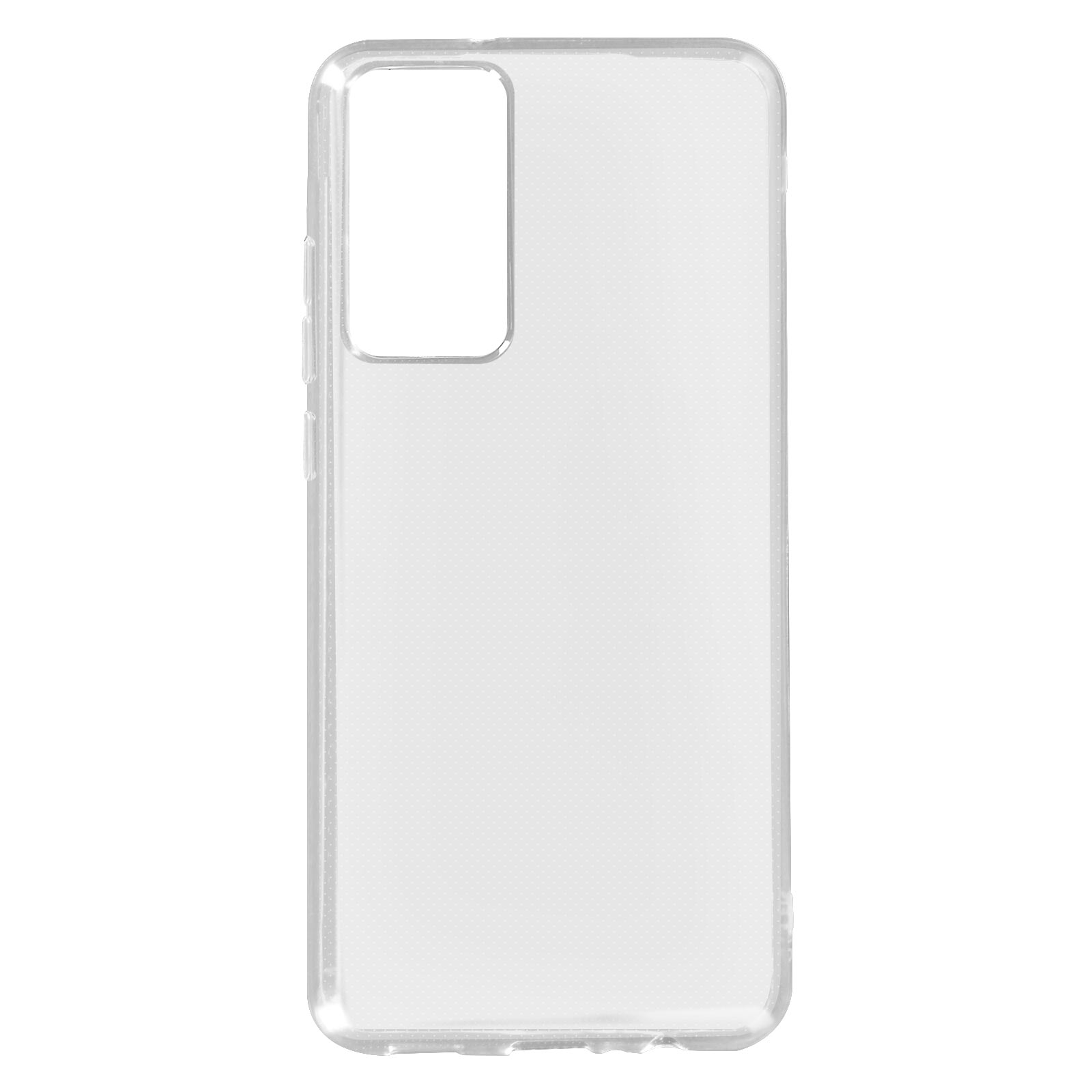 Custodia trasparente. Forma rettangolare con intaglio fotocamera. Plastica trasparente.