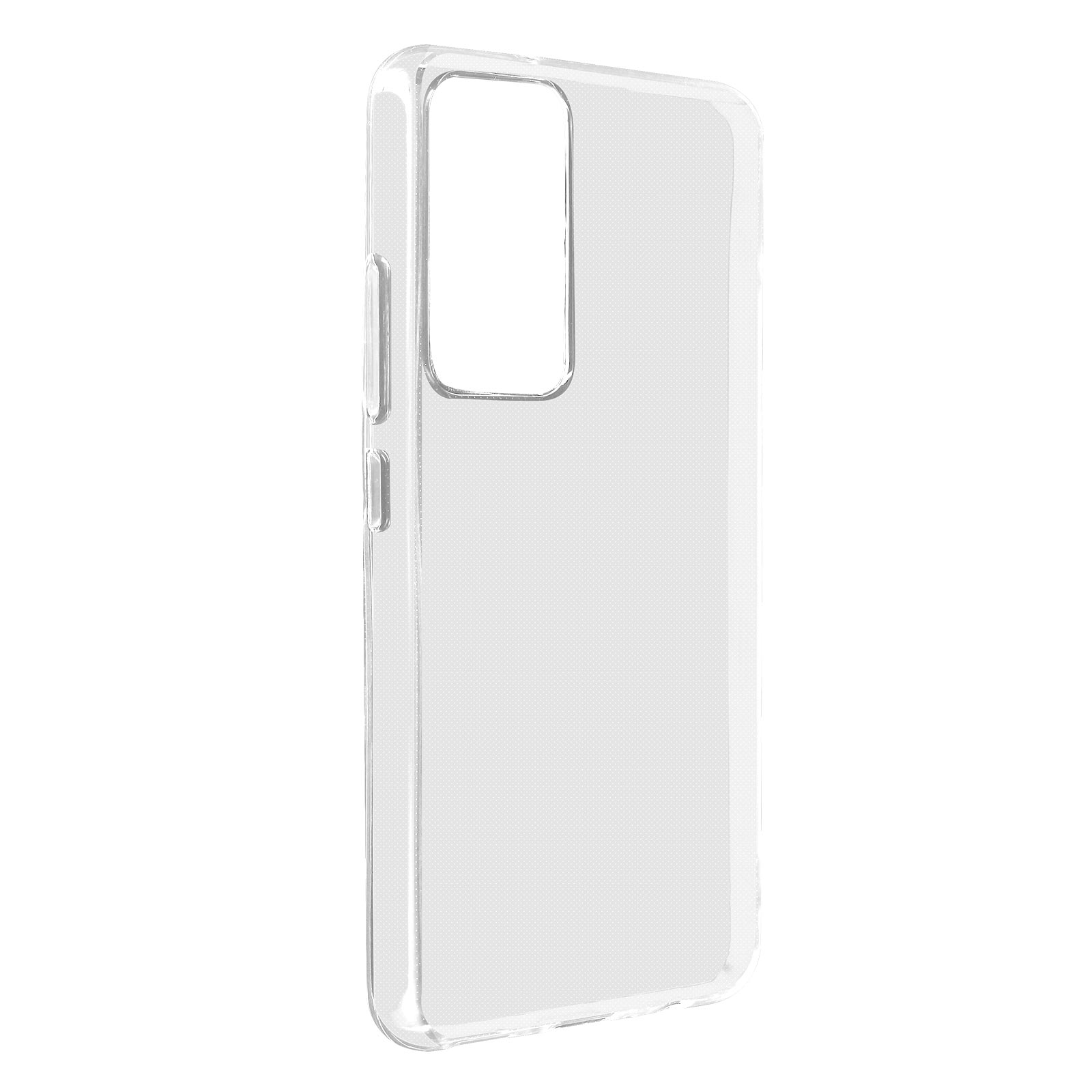 Custodia trasparente per telefono. La custodia ha fori per la fotocamera. Lo sfondo è bianco.