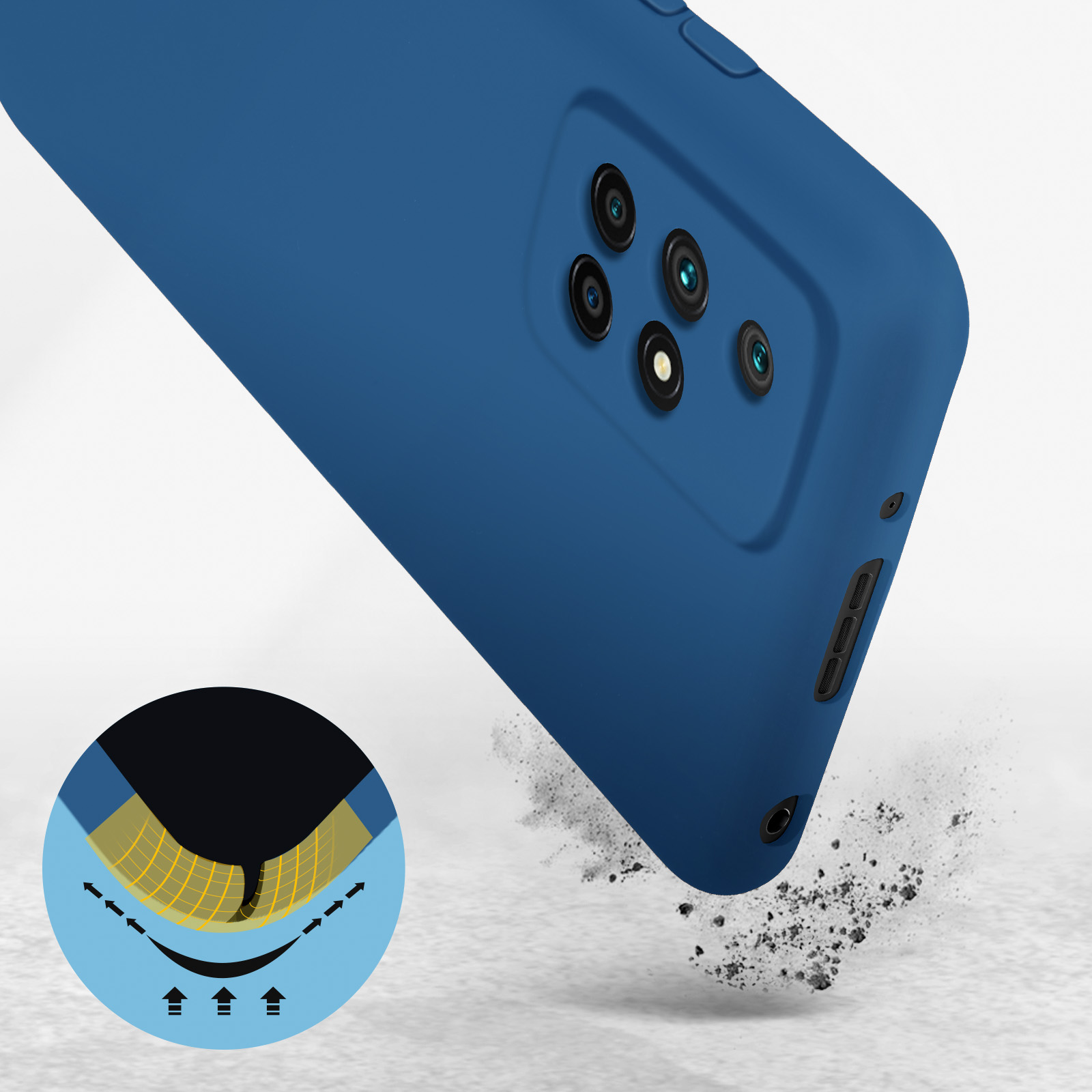 Una custodia per telefono blu con un diagramma protettivo visibile e un contorno del telefono.