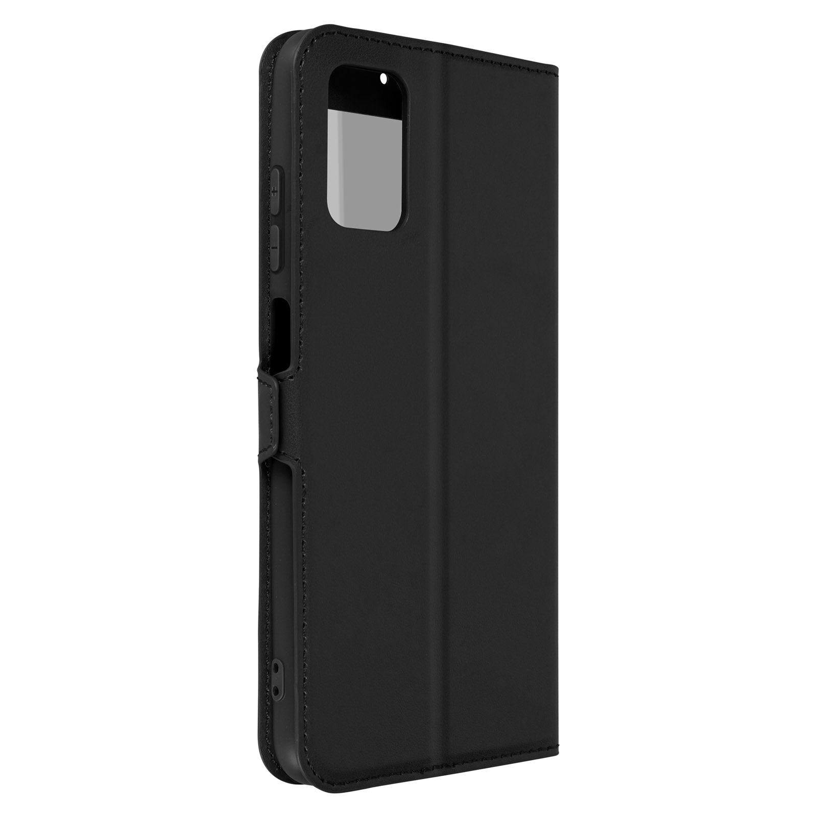 Coque de téléphone noire, vue latérale. Boutons visibles. Fermée, avec fente caméra ouverte.