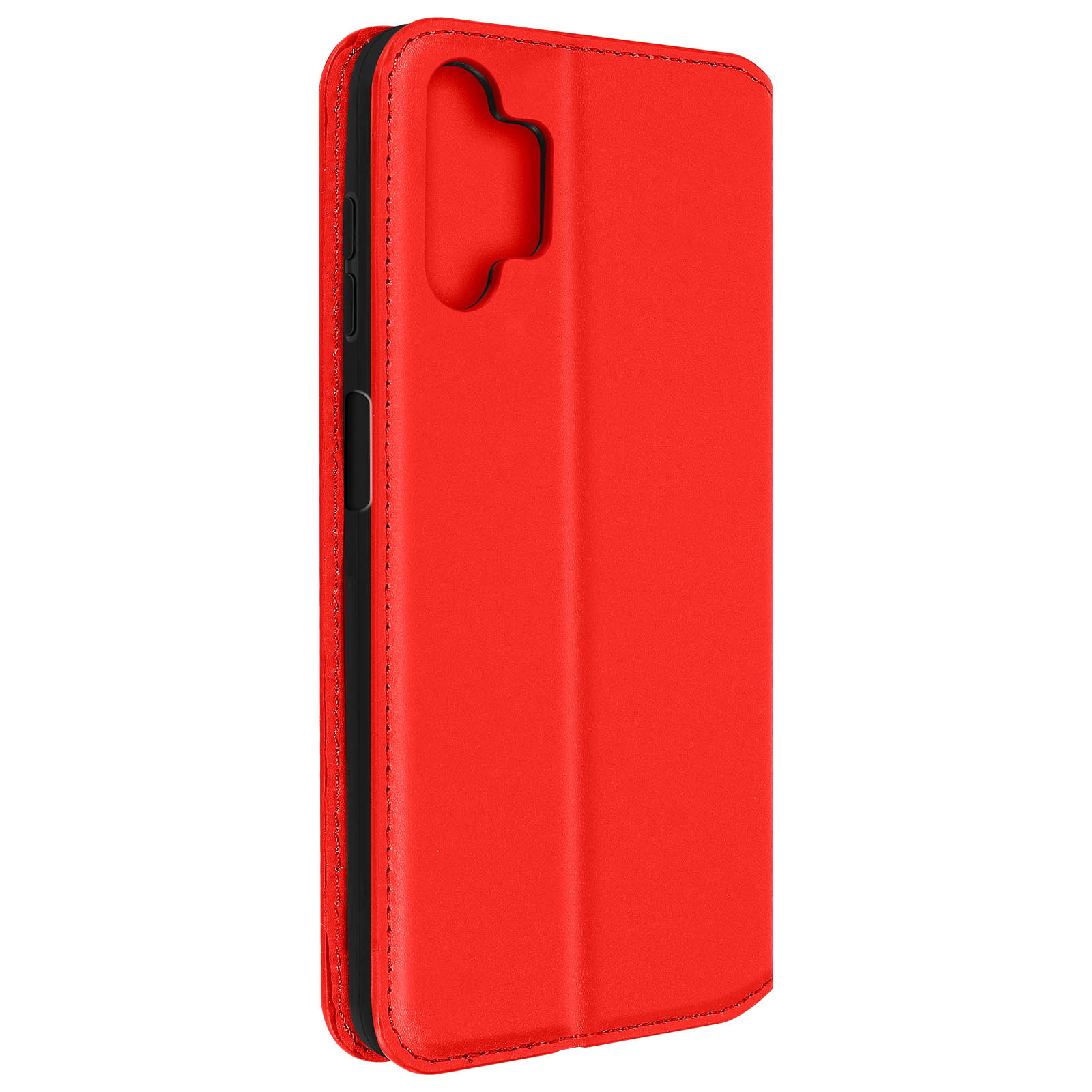 Rode telefoonhoes gesloten. De hoes is rood. Binnenin zit de telefoon.