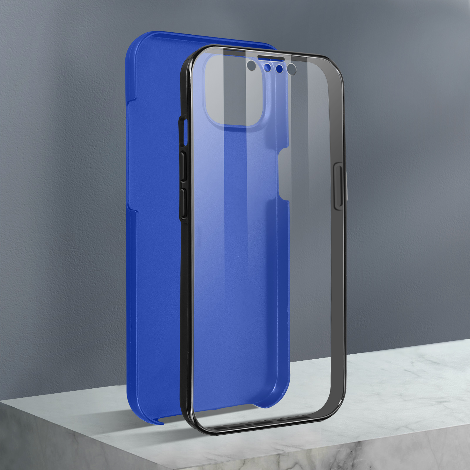 Blauwe telefoonhoes met een doorzichtige schermbeschermer. De hoes op een witte achtergrond.