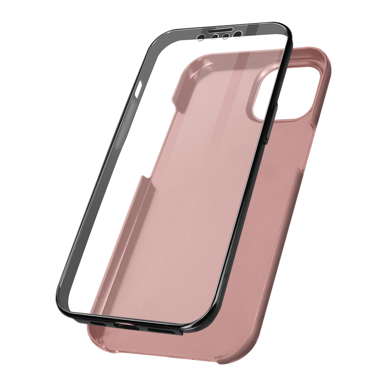 Coque de téléphone or rose avec cadre noir. La coque est ouverte, révélant un intérieur noir.