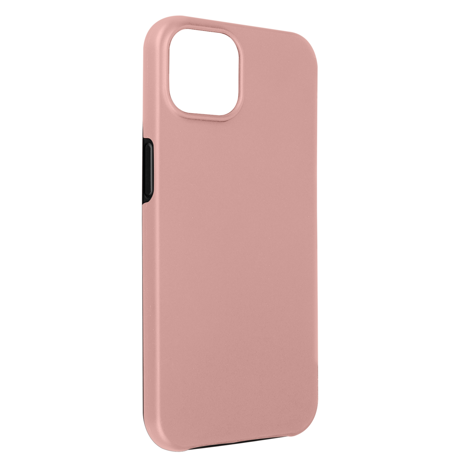 Un étui de téléphone rose, incliné, montrant le côté avec un bouton noir et une découpe pour la caméra.