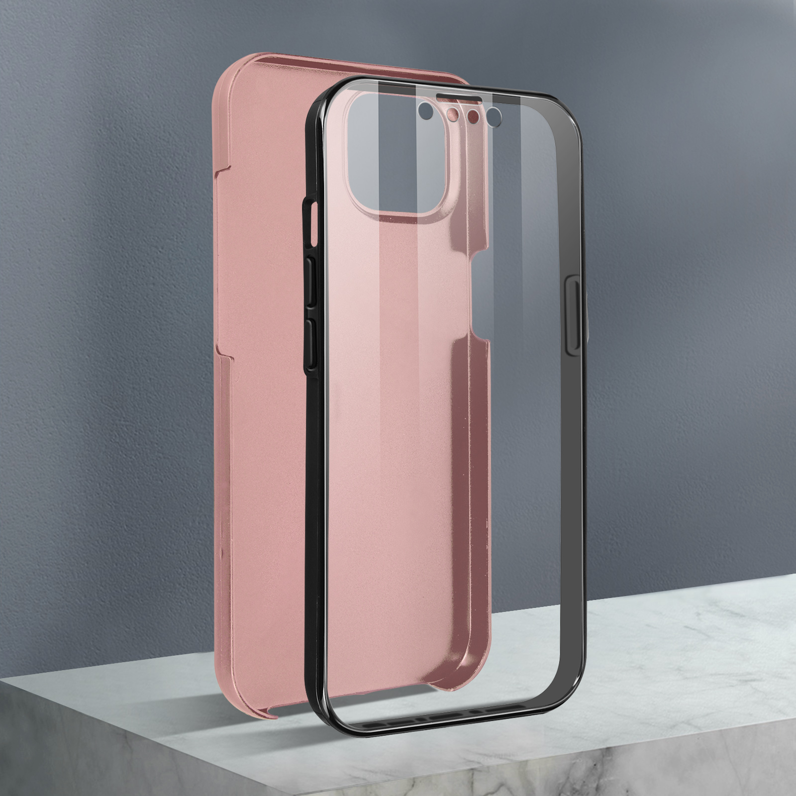 Une coque de téléphone or rose avec un protecteur d'écran transparent. L'étui est sur une surface.