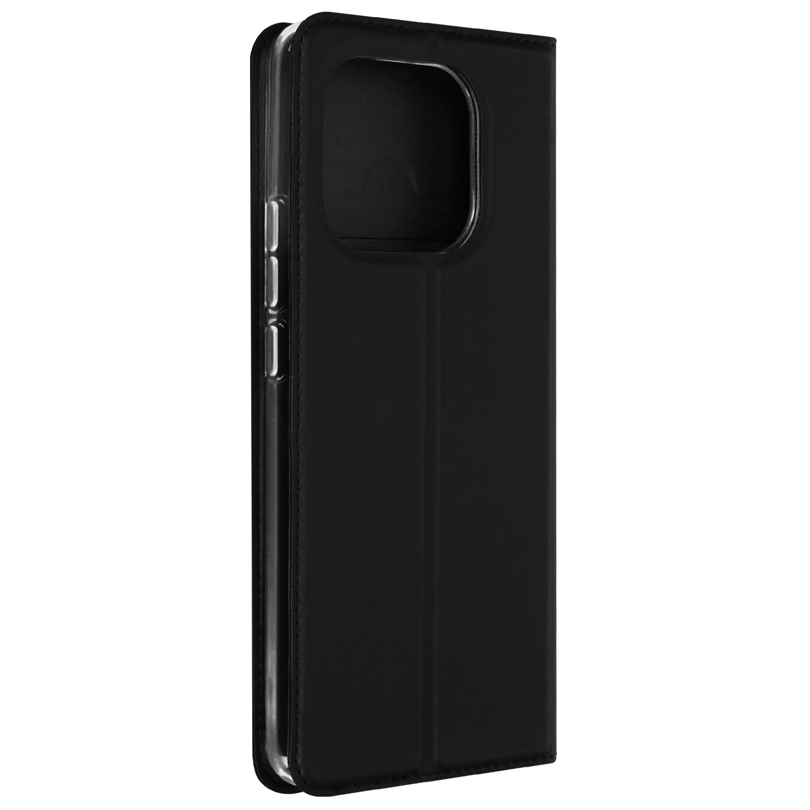Una custodia per telefono nera è chiusa. La parte posteriore ha un ritaglio per la fotocamera e copritasti.