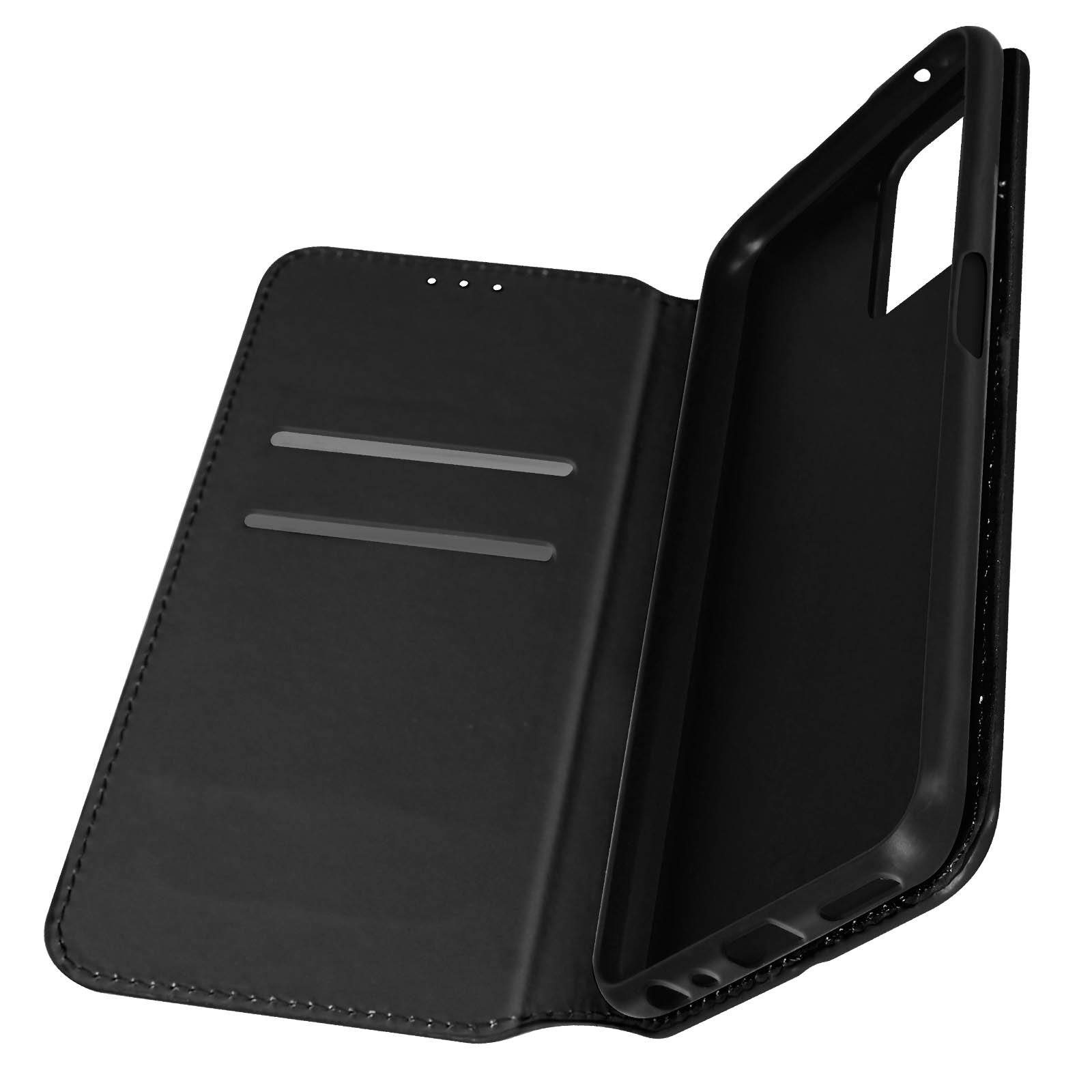 Custodia per telefono nera, aperta. Interno con fessure per carte. Sfondo bianco.