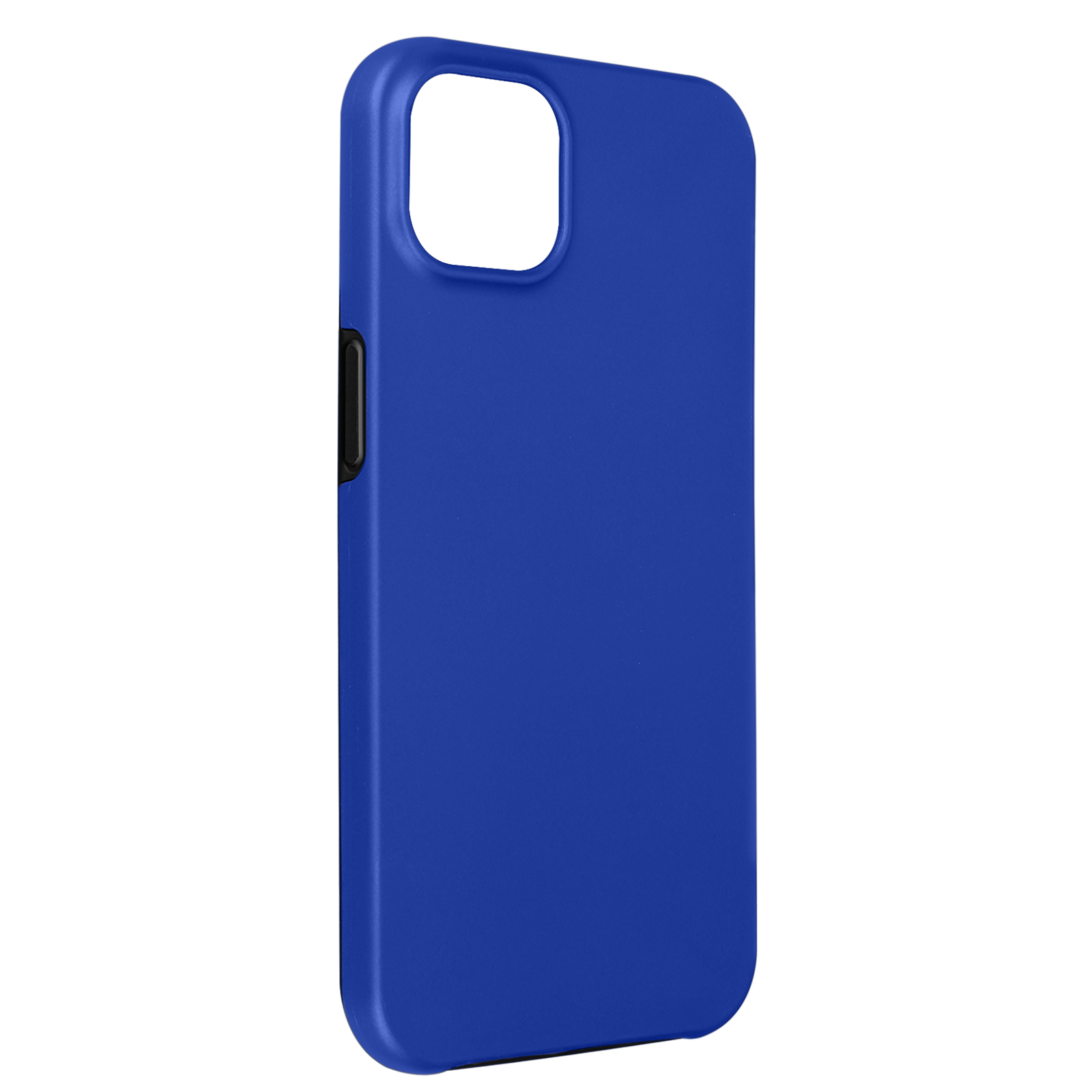 Una custodia blu per telefono. Ha un ritaglio per la fotocamera e un pulsante laterale. La custodia è liscia.
