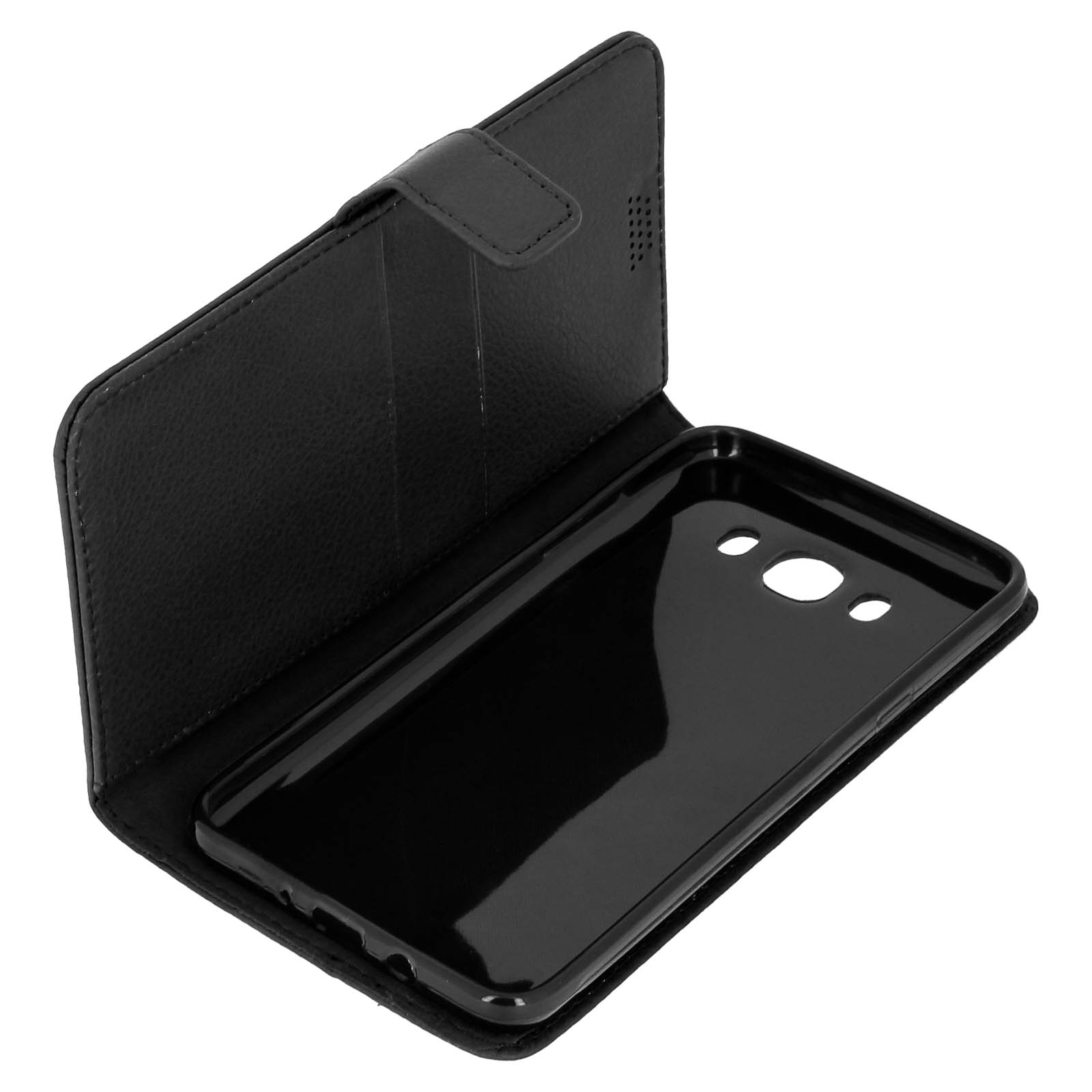Funda negra para teléfono abierta, revelando el soporte para el teléfono.