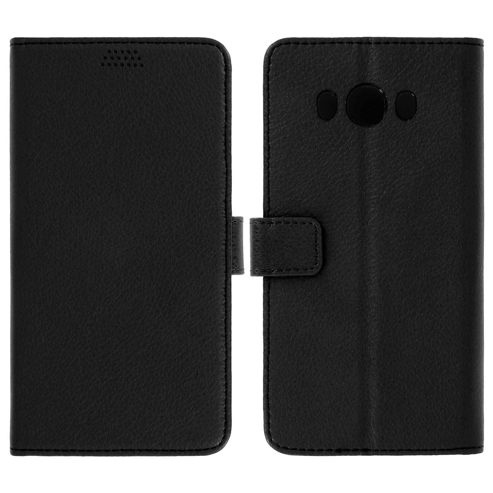 Funda negra para teléfono, abierta. La parte trasera muestra el recorte de la cámara. La frontal tiene un cierre.