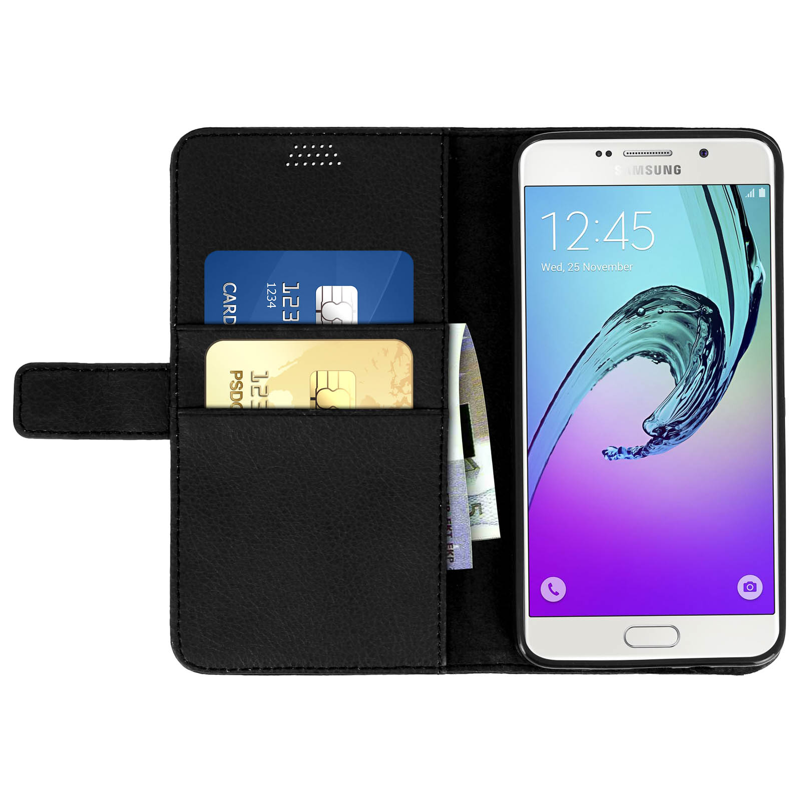 Funda negra para teléfono con teléfono, tarjetas y dinero.
