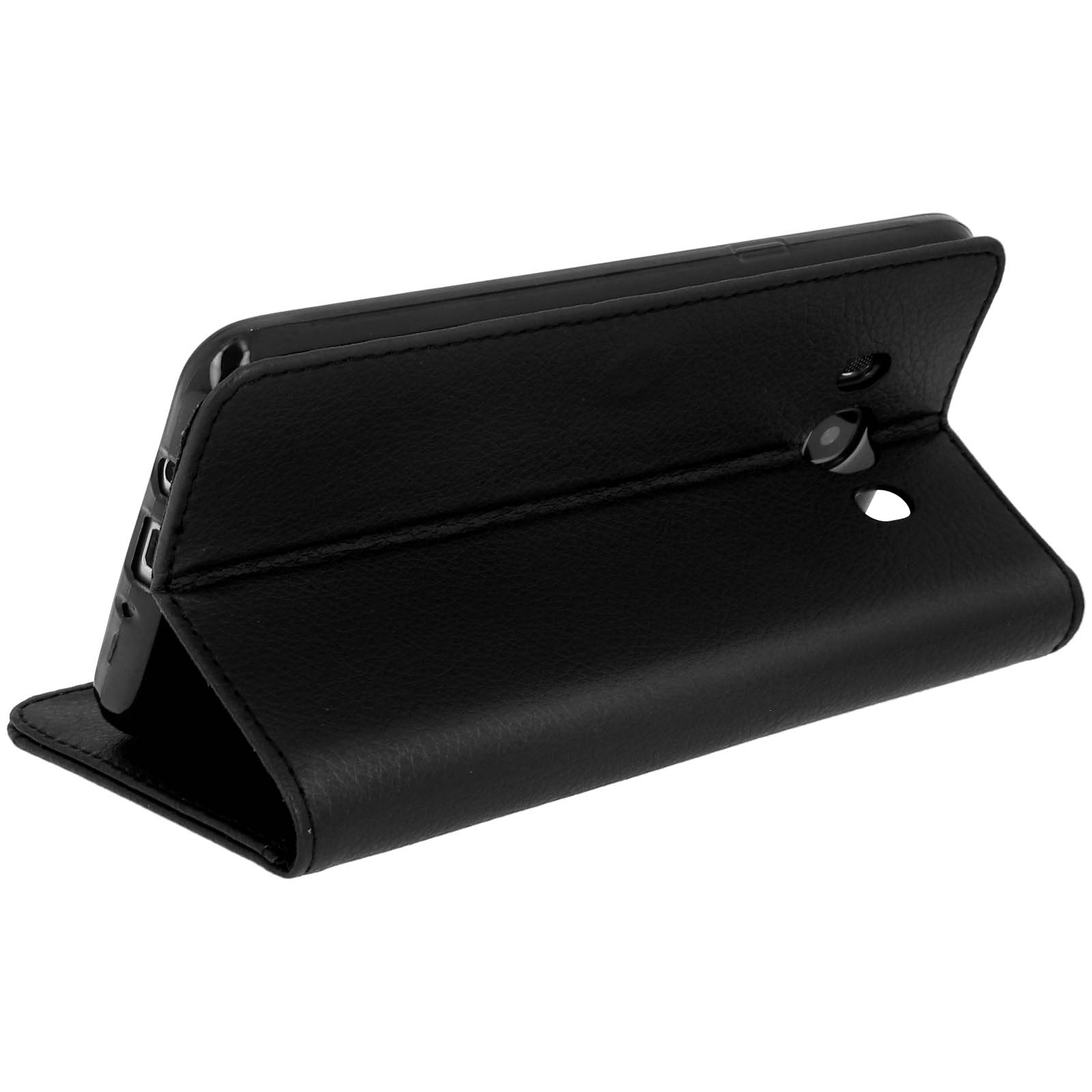 Una funda de teléfono negra, cerrada, sobre una superficie blanca. El fondo es liso.