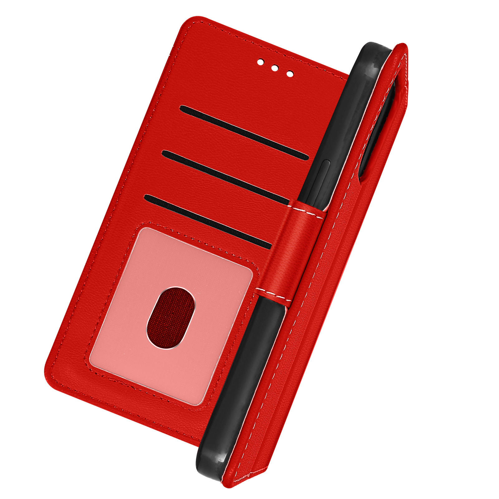 Coque rouge ouverte, montrant un téléphone à l'intérieur avec fentes cartes.