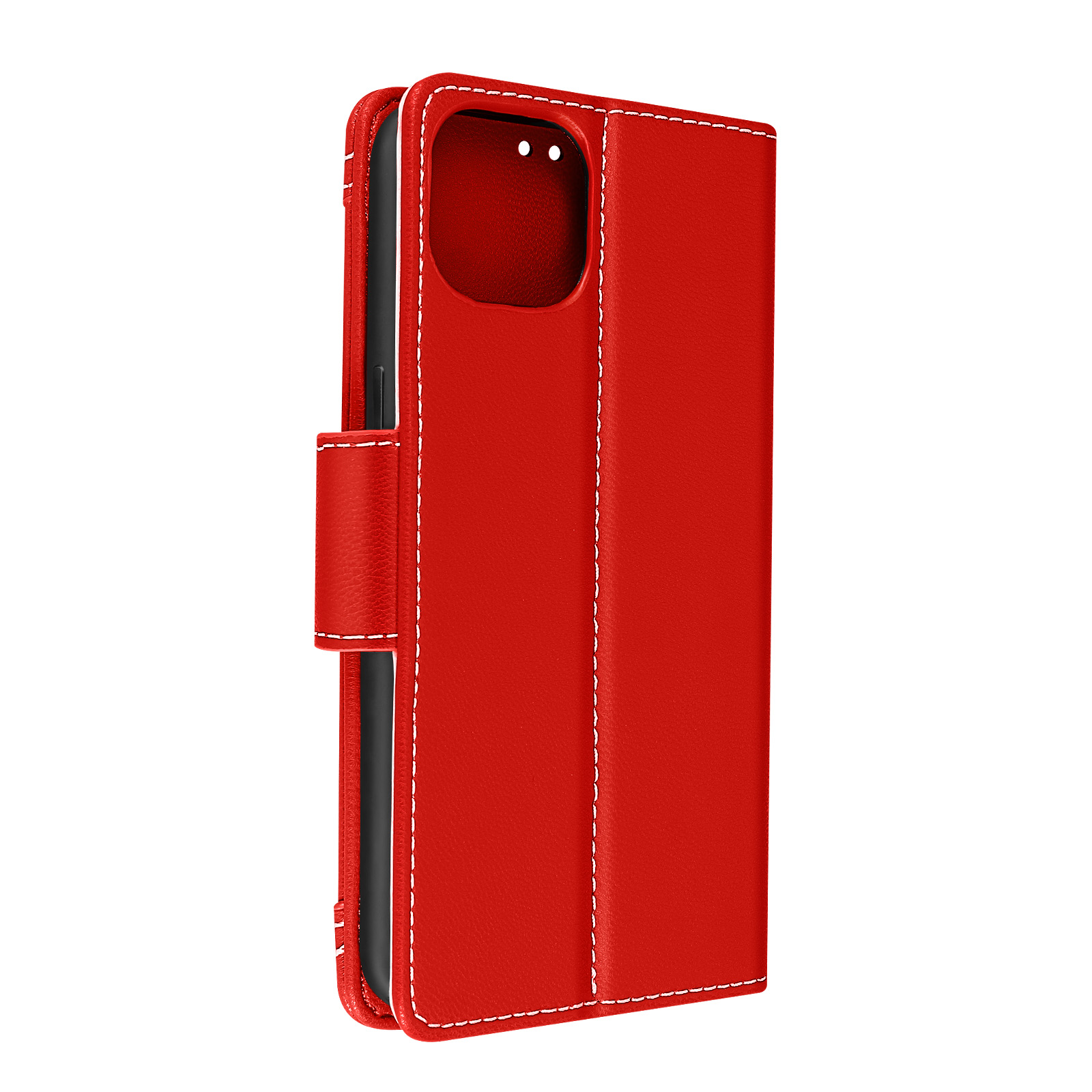 Coque de téléphone rouge, ouverte, avec un téléphone à l'intérieur. Des coutures blanches sont visibles autour de la coque.