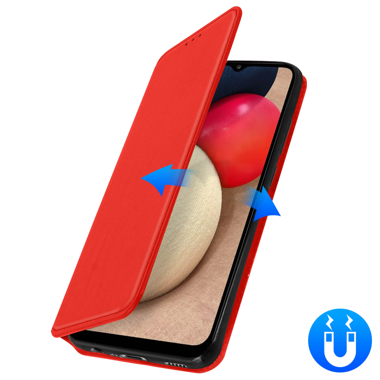 Custodia per telefono rossa che si apre. Frecce blu e un simbolo di magnete su sfondo bianco.