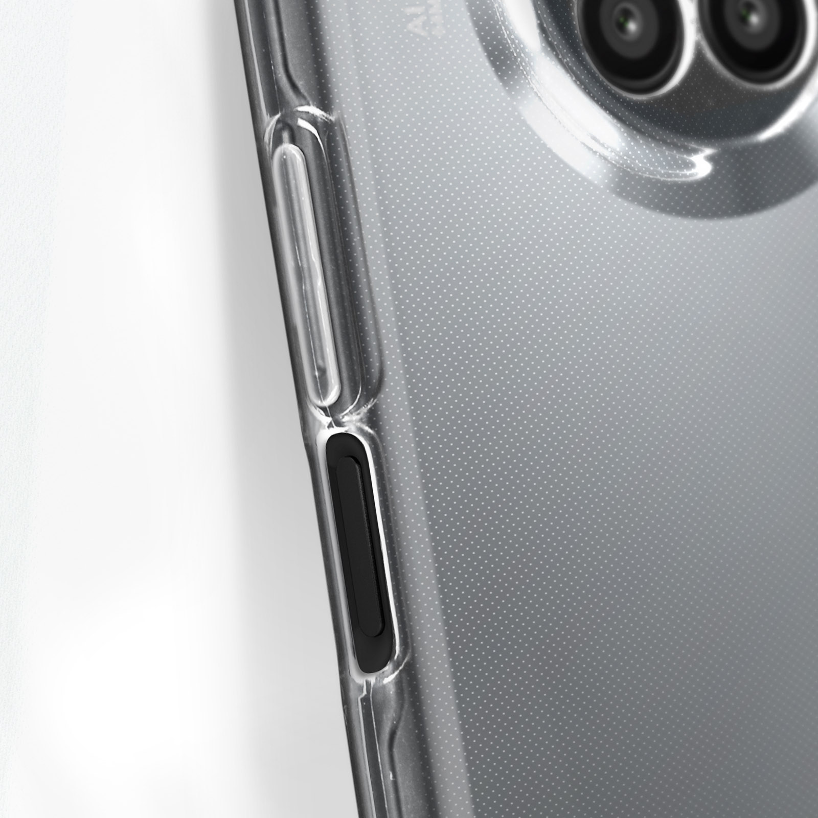 Custodia trasparente per telefono, che mostra il lato di un telefono con pulsanti e lenti della fotocamera. Sfondo bianco.