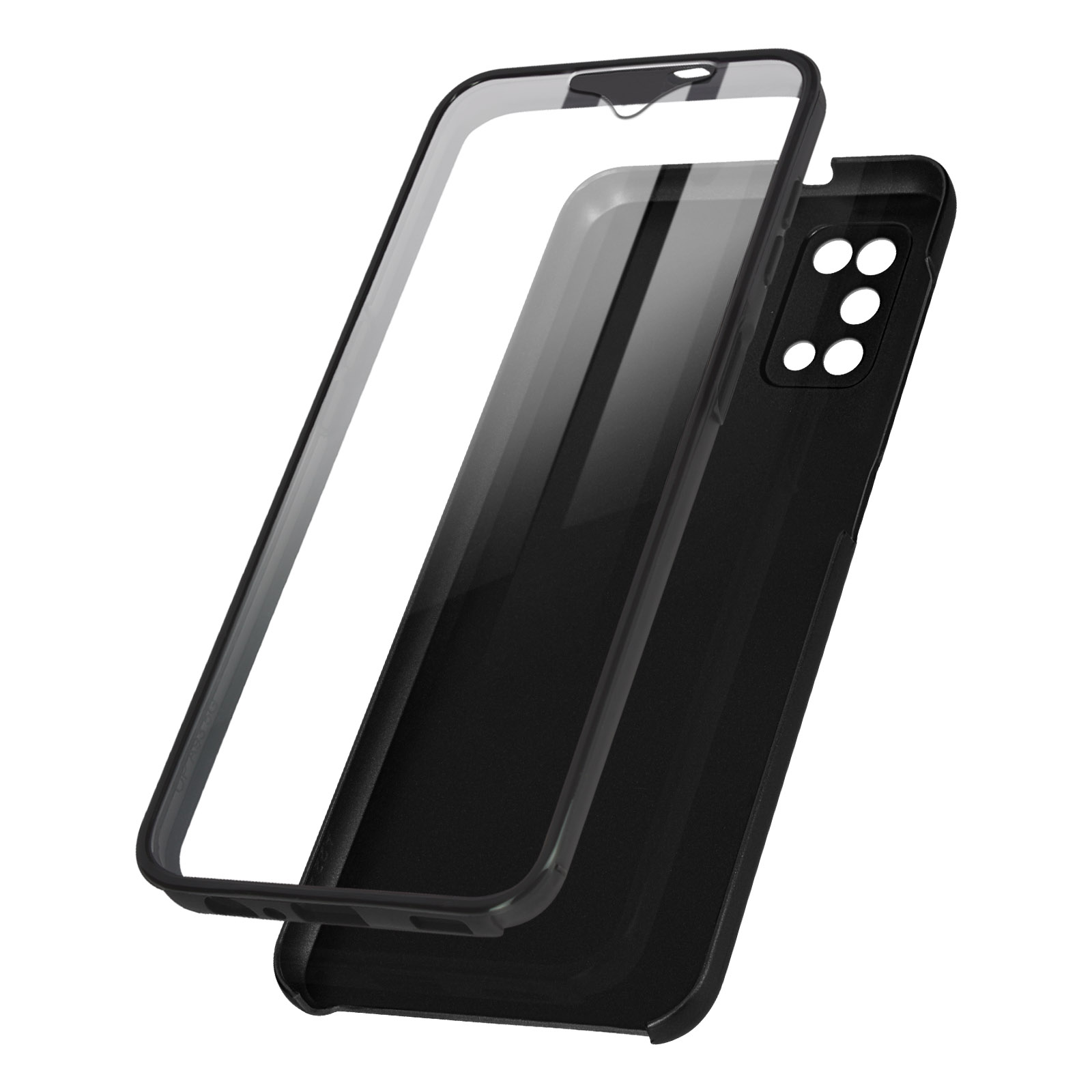Custodia nera con protezione schermo, ritagli per fotocamera visibili.