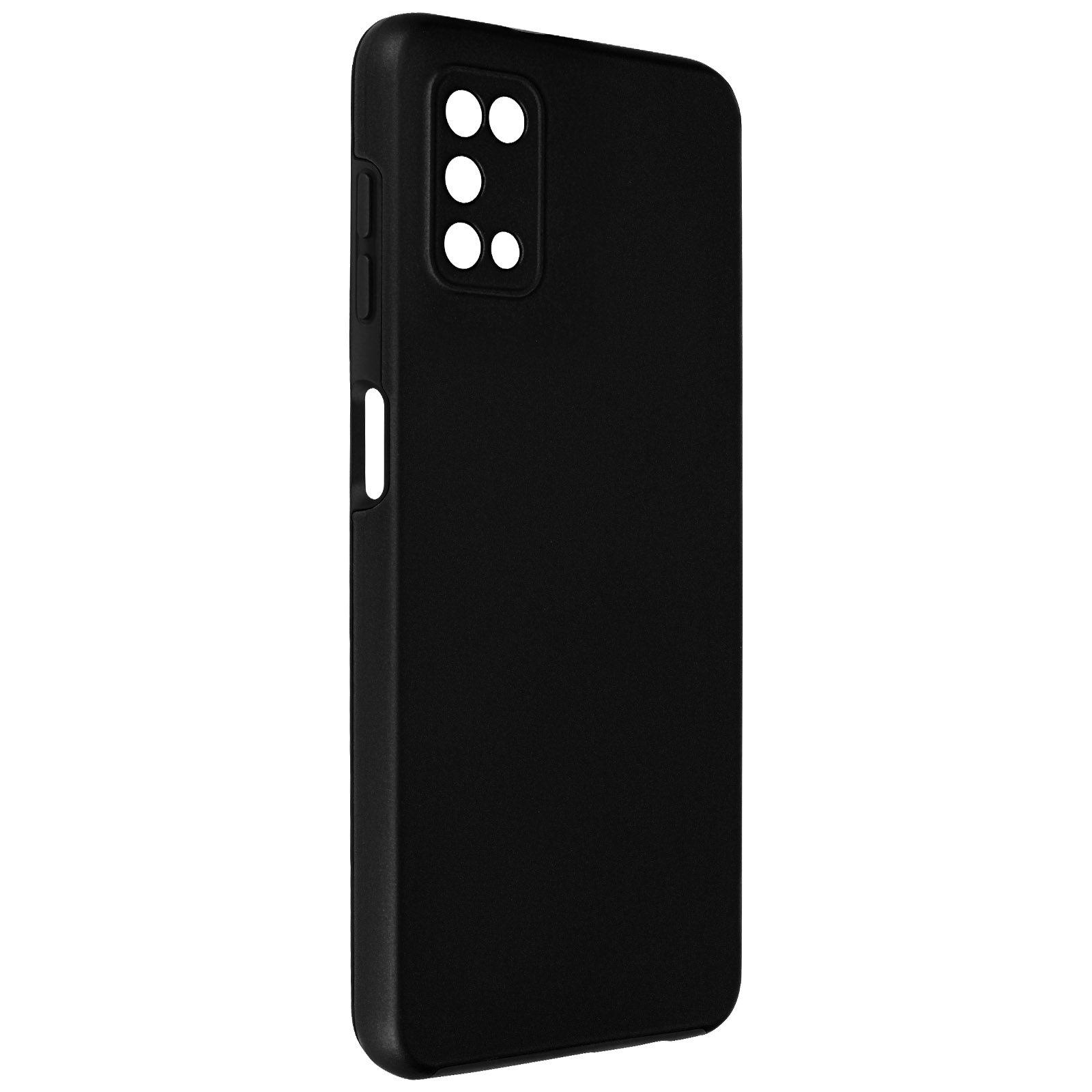 Custodia nera per telefono con angoli arrotondati. Sei fori per la fotocamera. Tre pulsanti sul lato. Colore nero pieno.