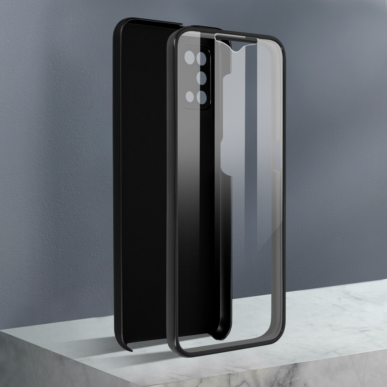 Custodia per telefono con retro trasparente e cornice nera, separata dal telefono.