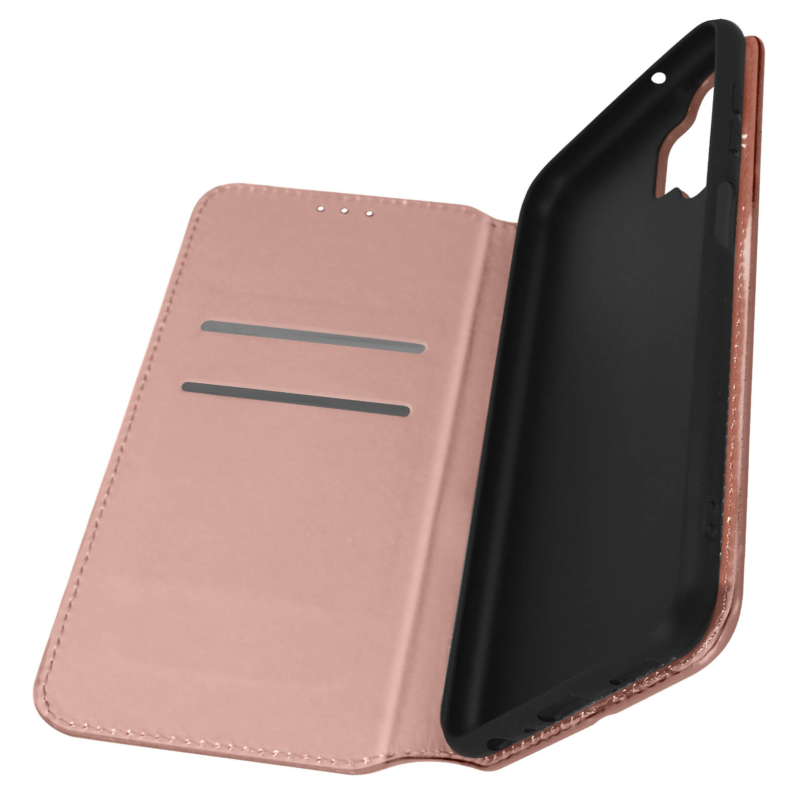 Open telefoonhoes, roze. Interne kaartsleuven. Zwarte binnenkant van de telefoonhoes.