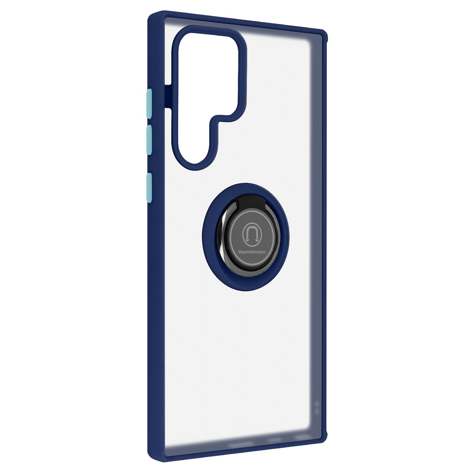 Telefoonhoesje met een blauw frame en een ringhouder. De telefoonhoes is transparant.