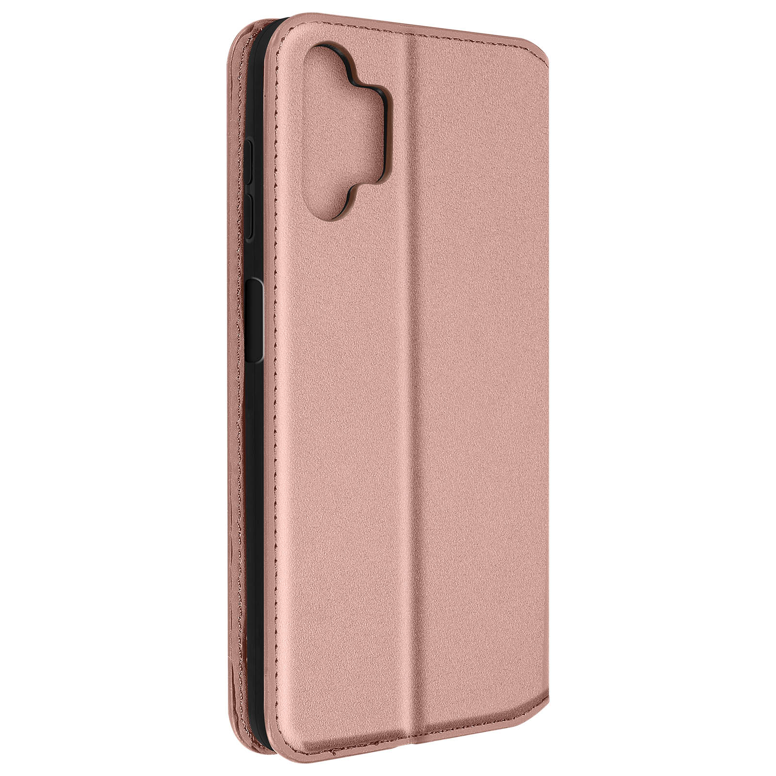 Roségouden telefoonhoes, gesloten, schuin. Achtergrond is vaag.