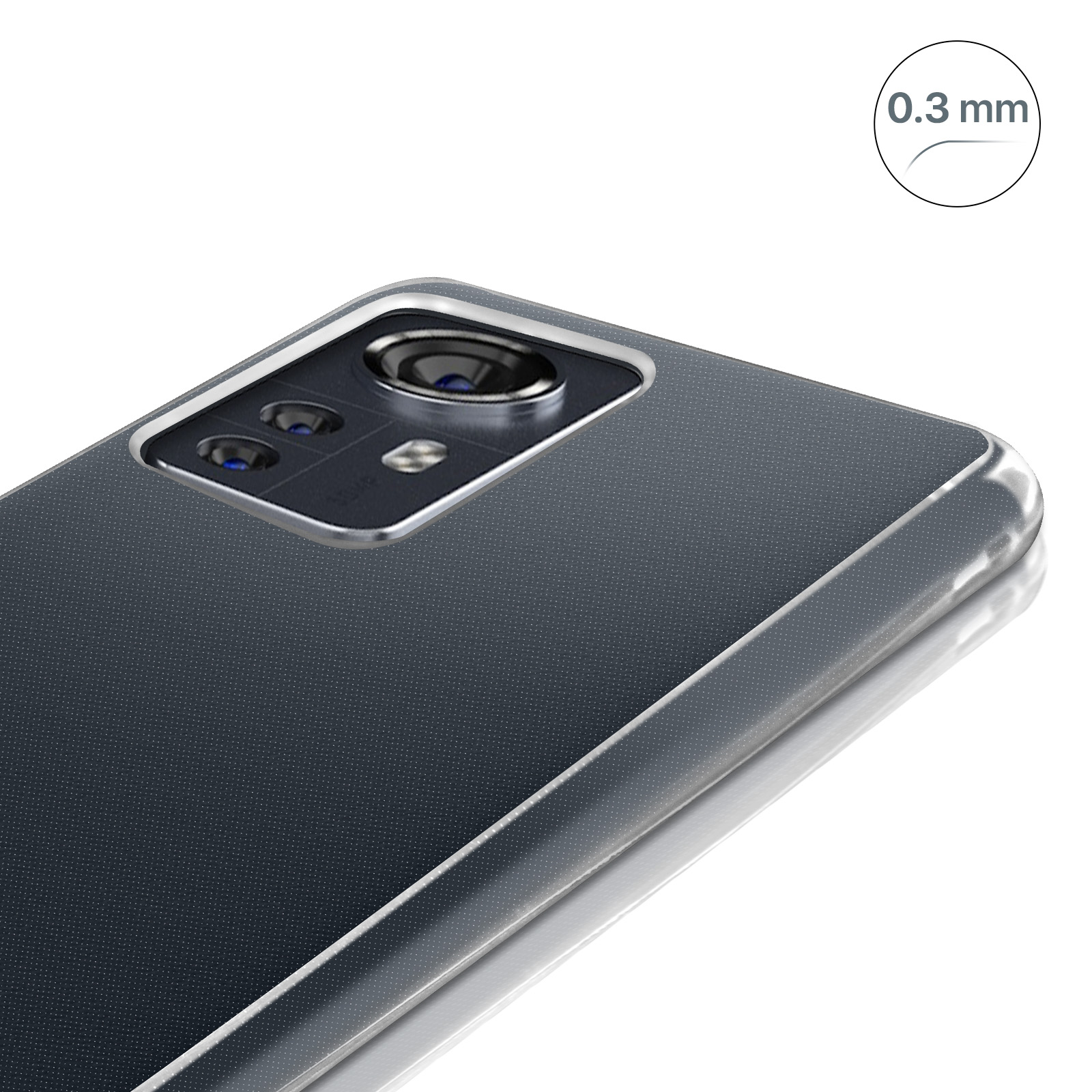 Retro di un telefono con modulo fotocamera e testo '0,3 mm'. La superficie è riflettente.