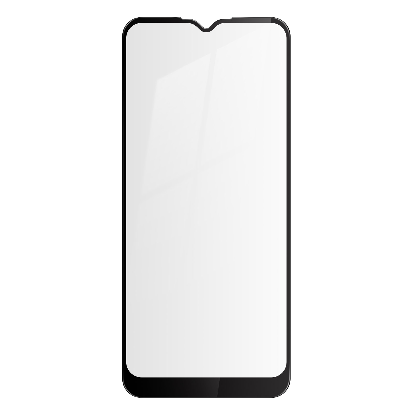 Protecteur d'écran en verre pour téléphone. Il est transparent, avec une bordure noire.