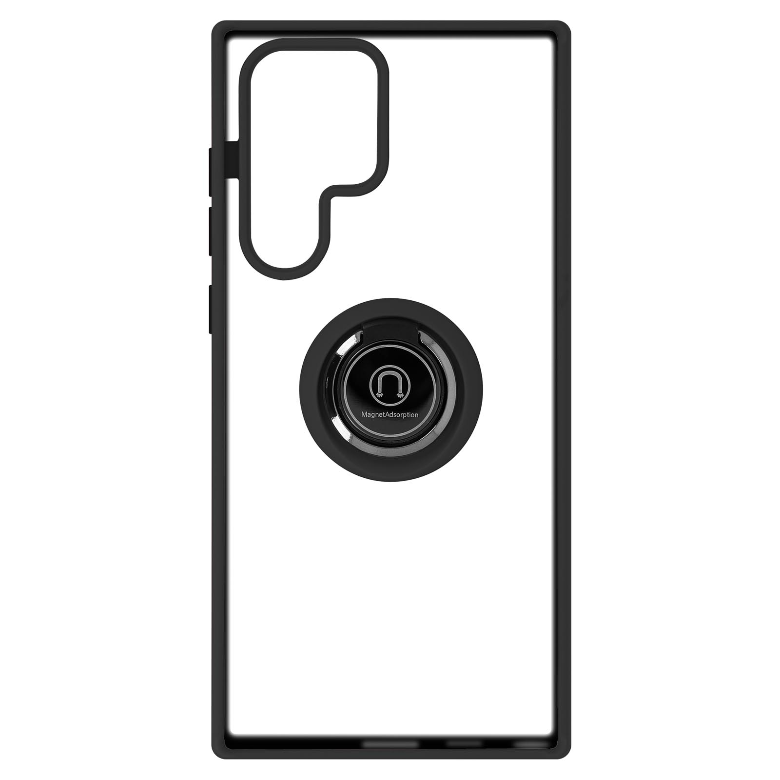 Coque transparente avec cadre noir et anneau magnétique.