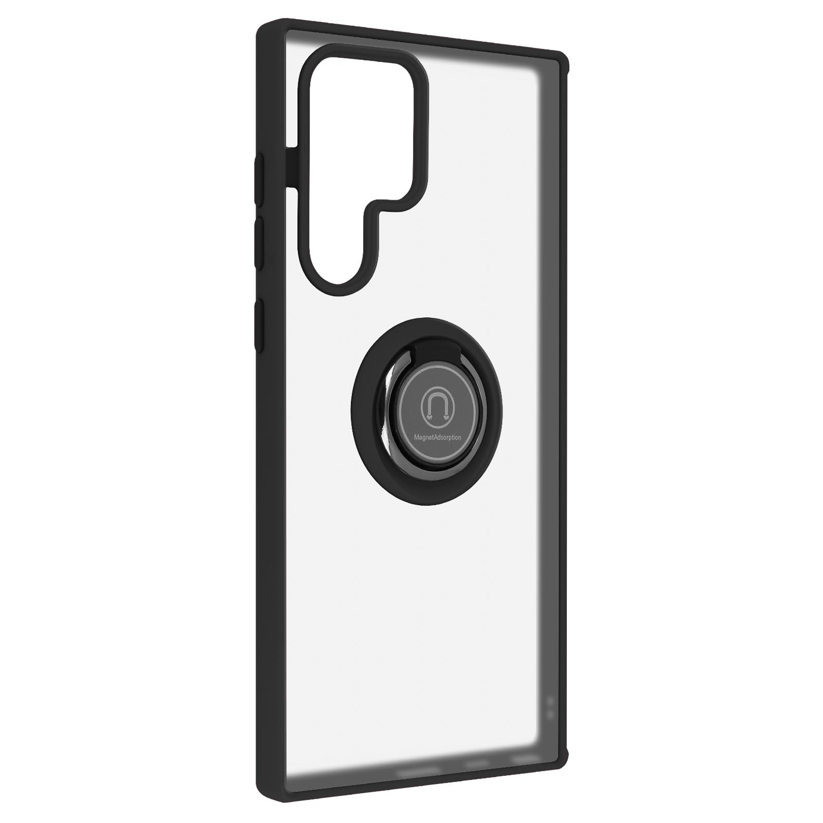 Une coque de téléphone transparente avec un cadre noir et un support d'anneau noir avec un centre argenté.