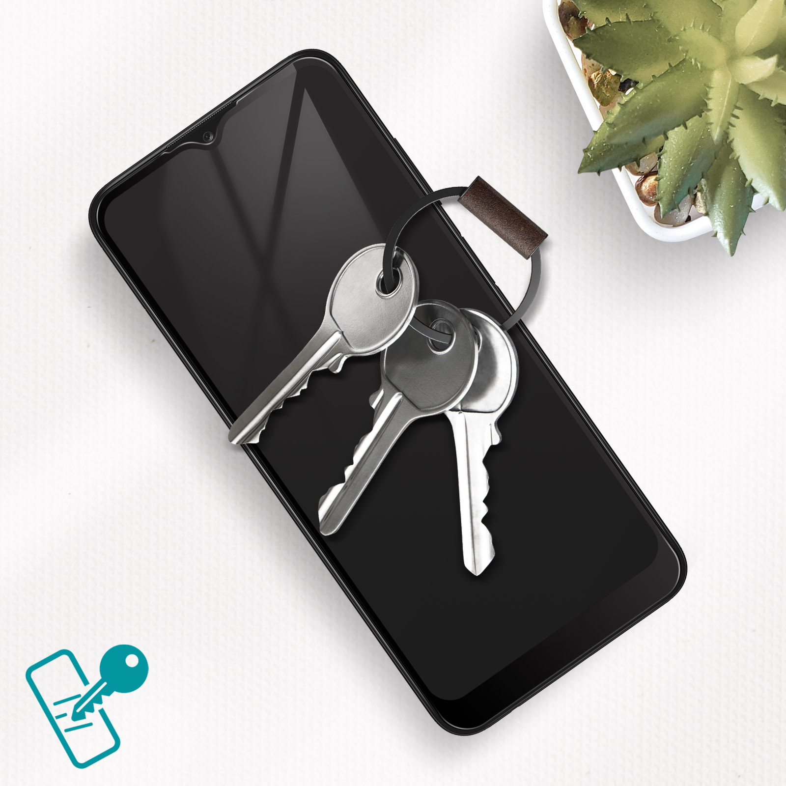 Un téléphone avec des clés attachées. Une plante est à droite et une icône de clé en bas à gauche.