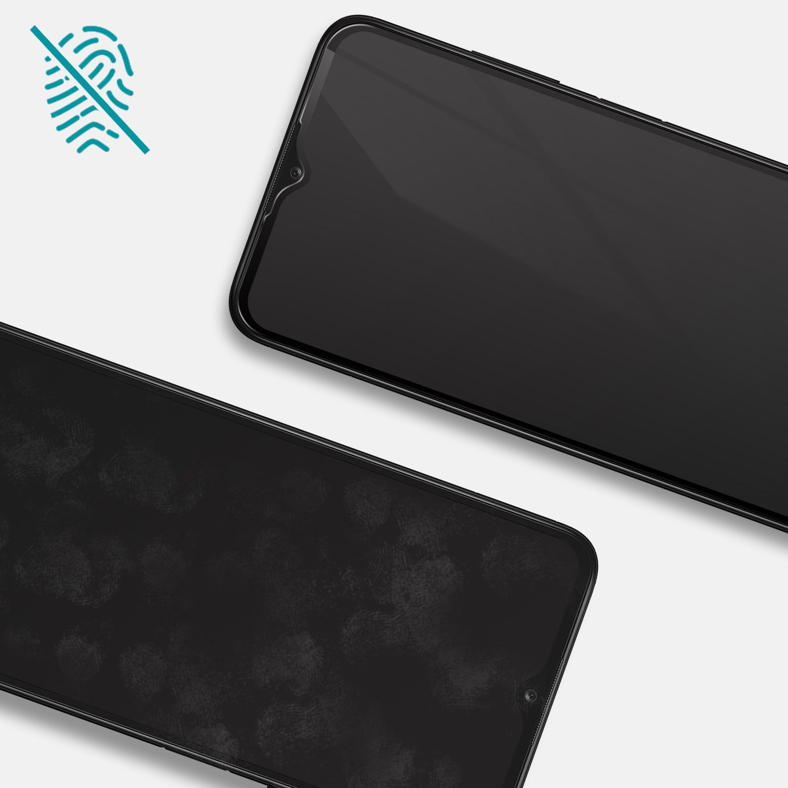 Deux téléphones avec écrans sombres, avec empreintes digitales. Une icône turquoise dans le coin.
