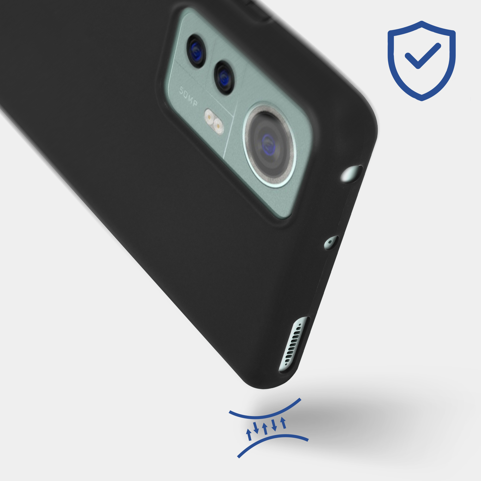 Una custodia per telefono nera con un rilievo della fotocamera e un'icona protettiva.