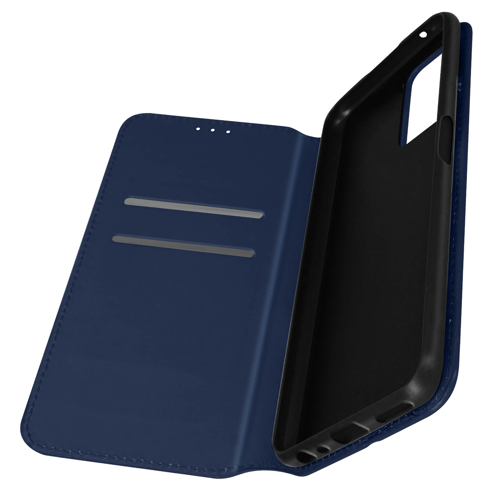 Étui de téléphone bleu foncé, ouvert, avec fentes pour cartes visibles. L'intérieur est noir.