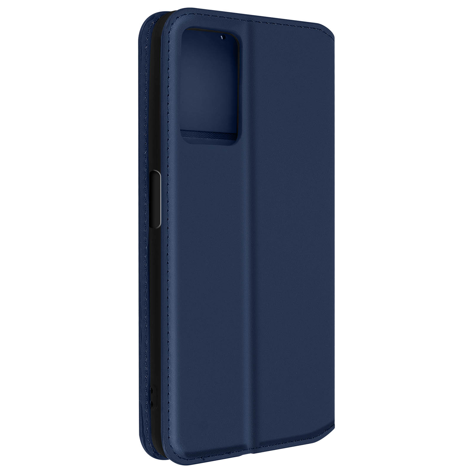 Un étui de téléphone bleu foncé, fermé, avec une découpe pour l'appareil photo à l'arrière.